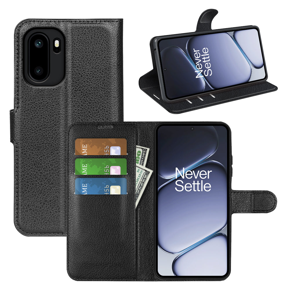 Wallet Case for OnePlus 15R – PU Leather Flip Cover with Card Holder & Stand [Black]