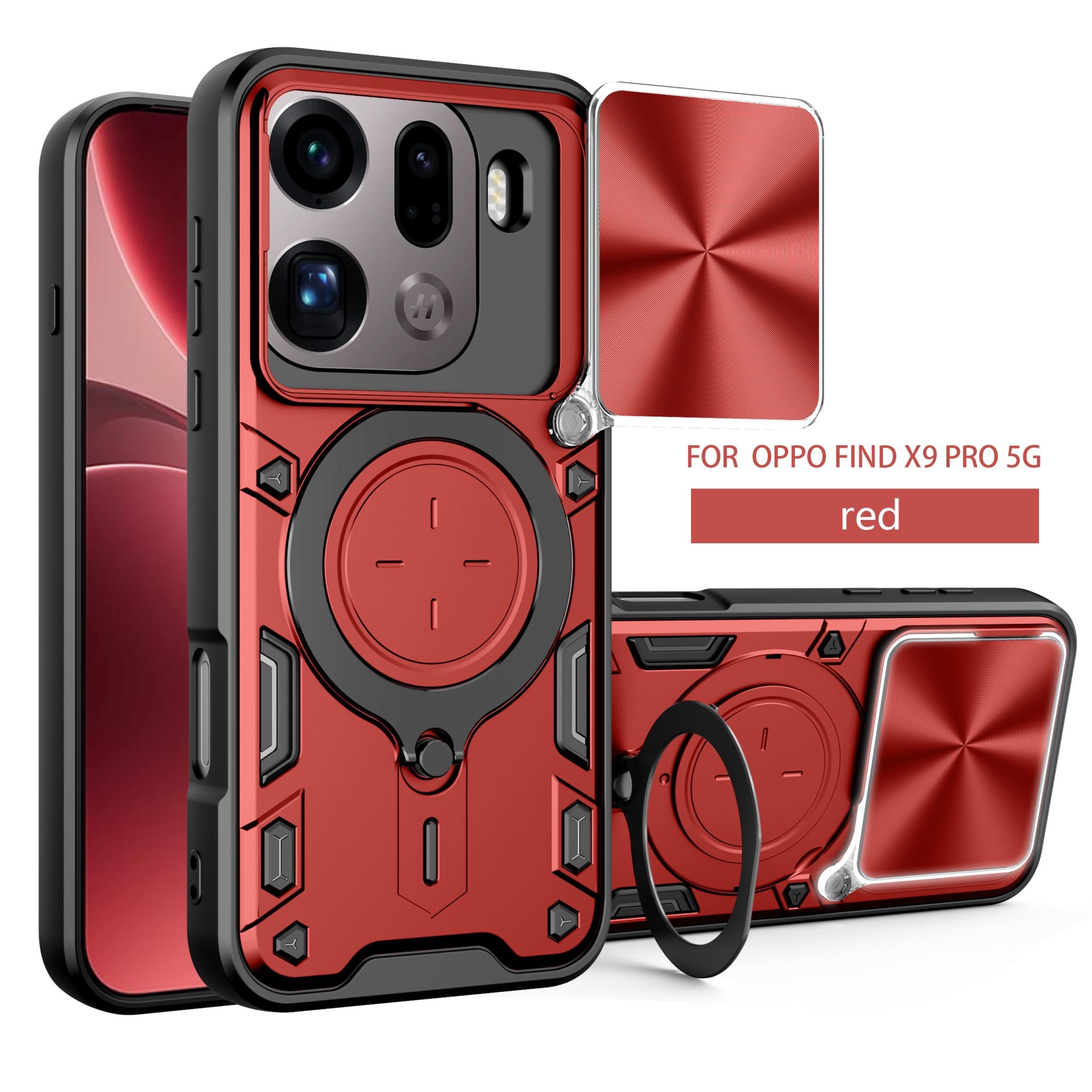 OPPO Find X9 Pro Ring Kickstand Case w/ Camera Cover [Red]