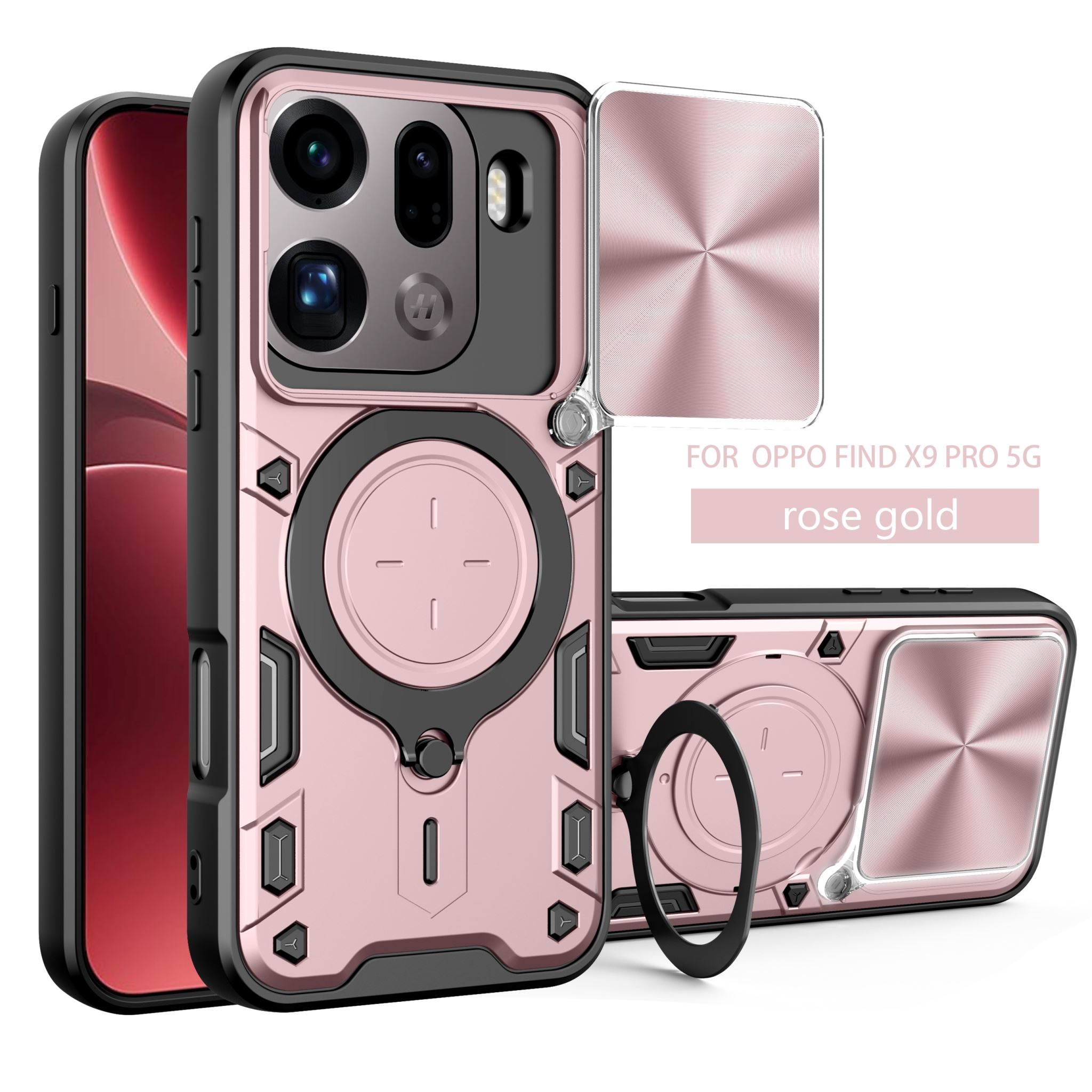 OPPO Find X9 Pro Ring Kickstand Case w/ Camera Cover [Rose Gold]