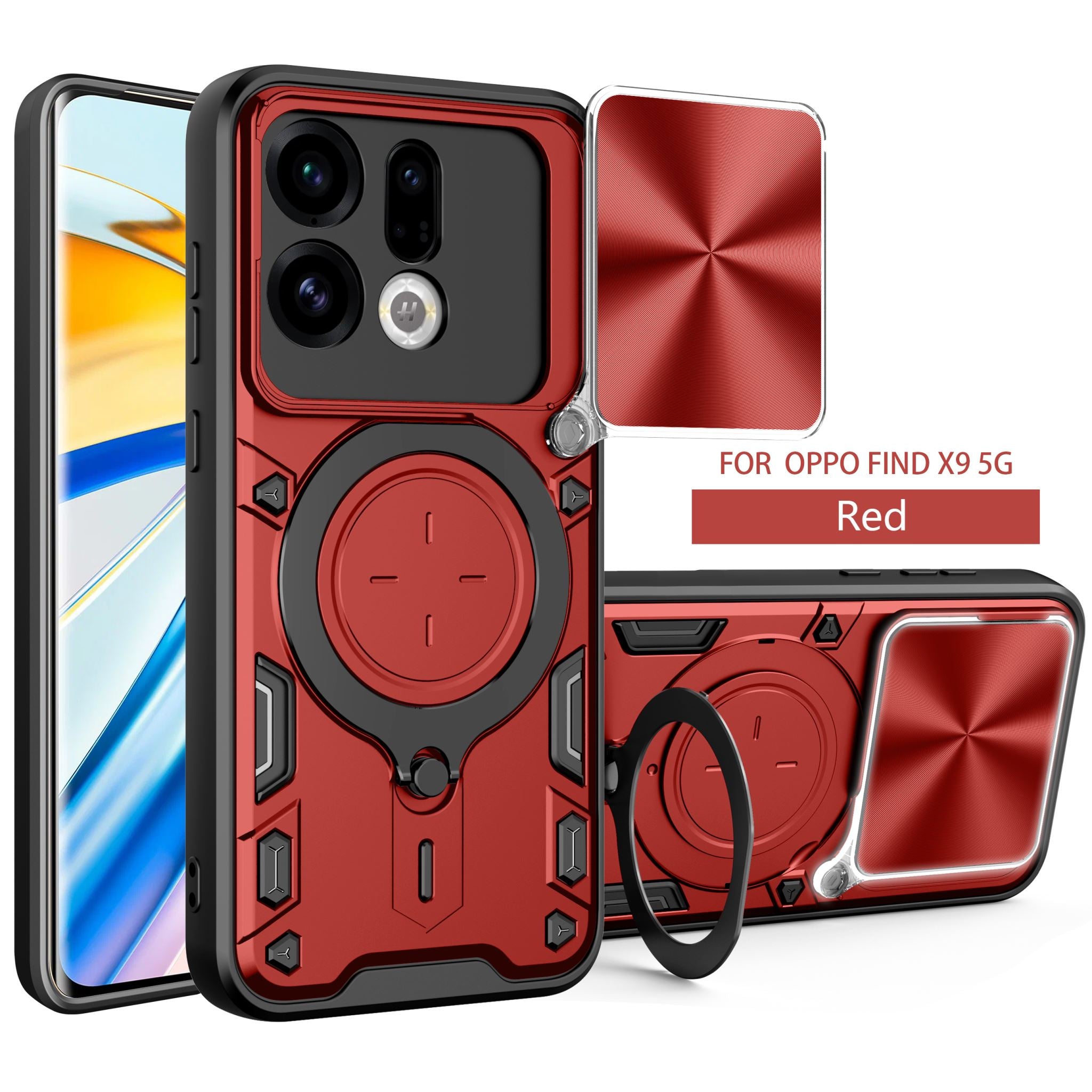 OPPO Find X9 Ring Kickstand Case w/ Camera Cover [Red]