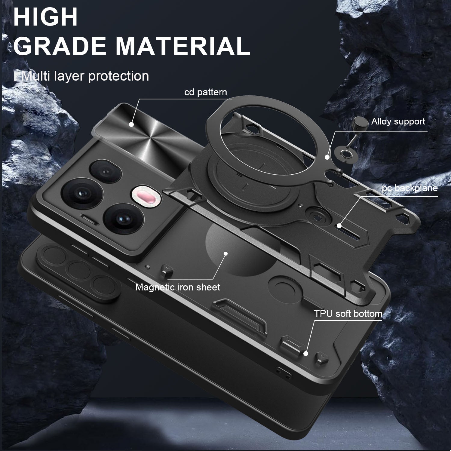 OPPO Reno 13Pro 5G  Ring Kickstand Case w/ Camera Cover [Navy]