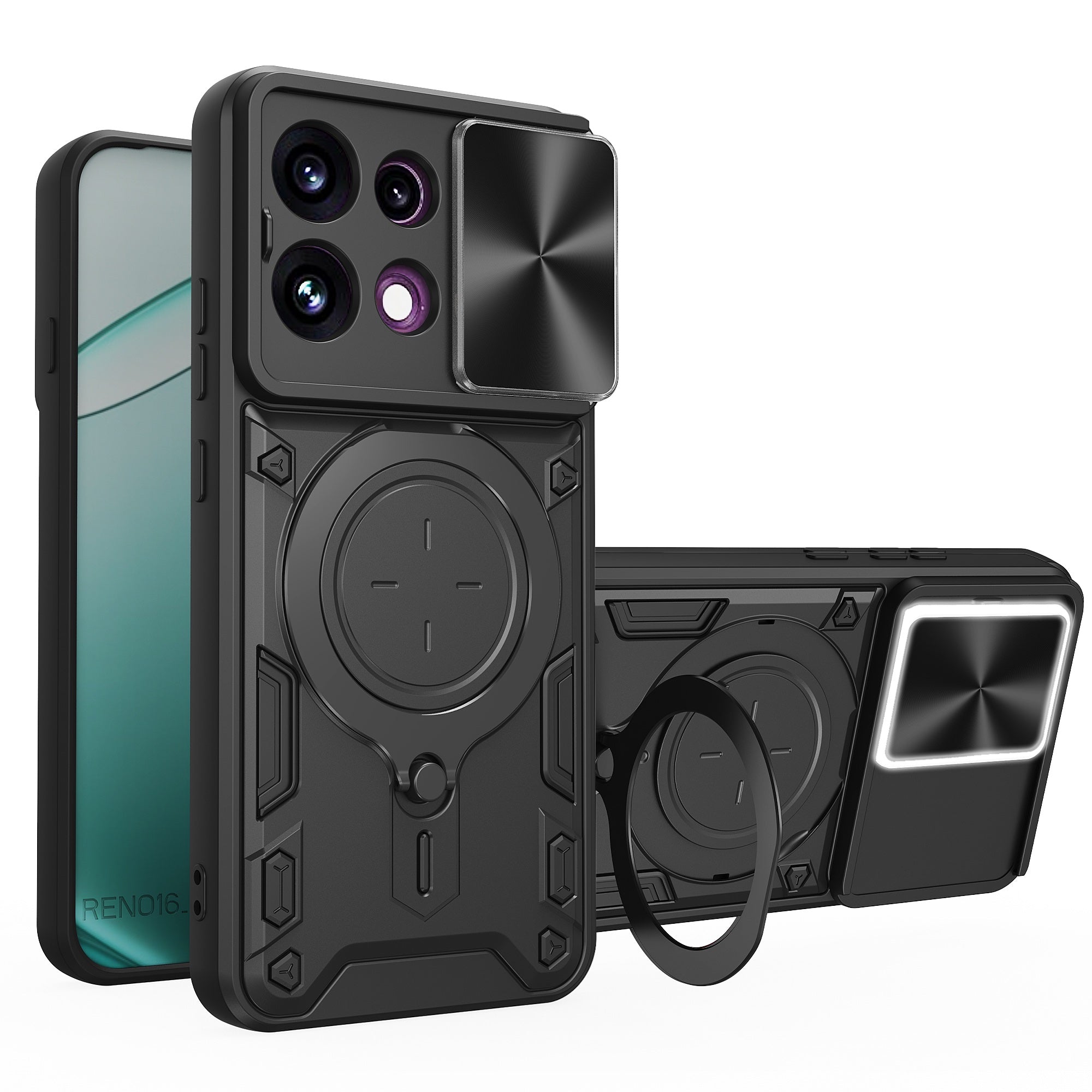 OPPO Reno16 F 5G Ring Kickstand Case w/ Camera Cover [Black]