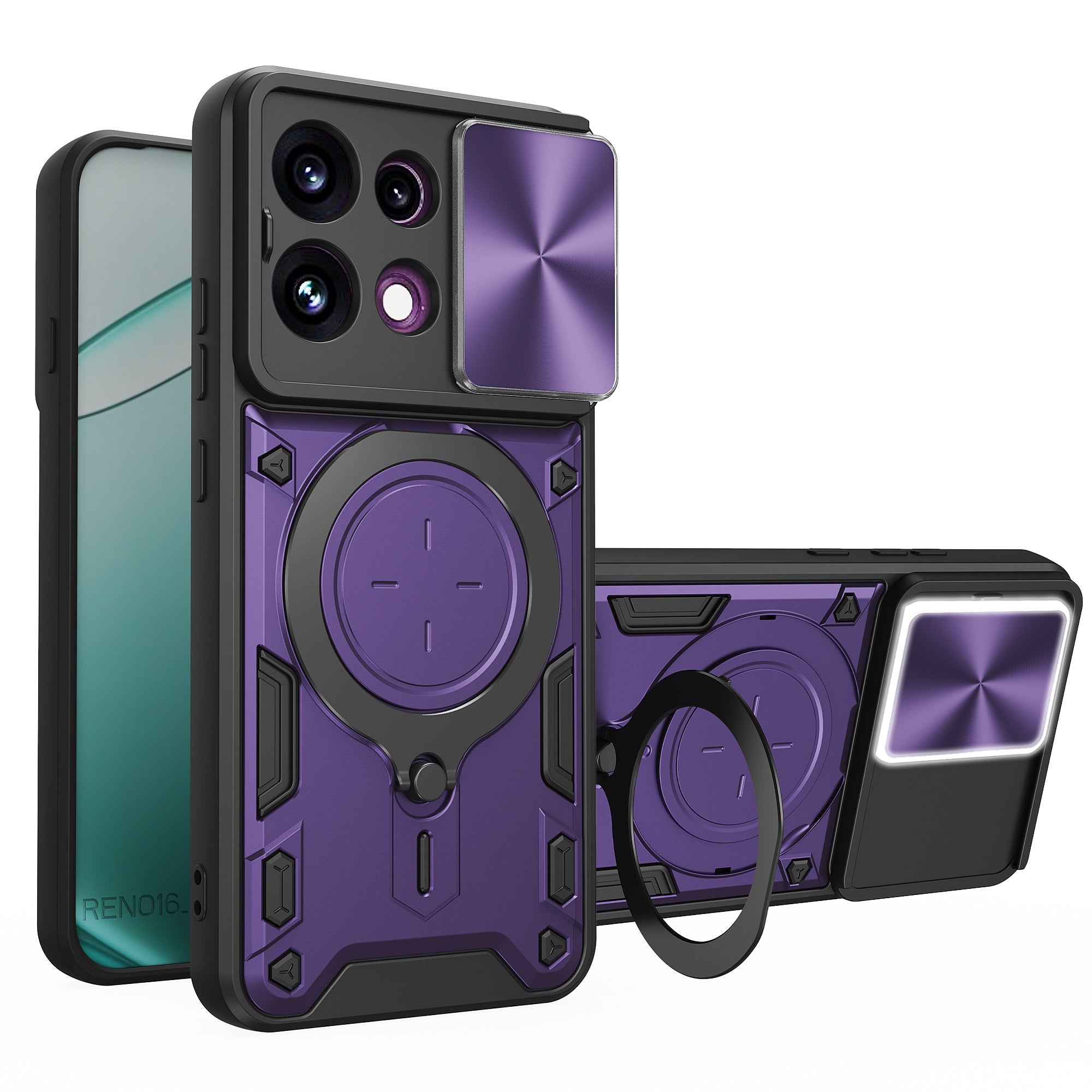 OPPO Reno16 F 5G Ring Kickstand Case w/ Camera Cover [Purple]