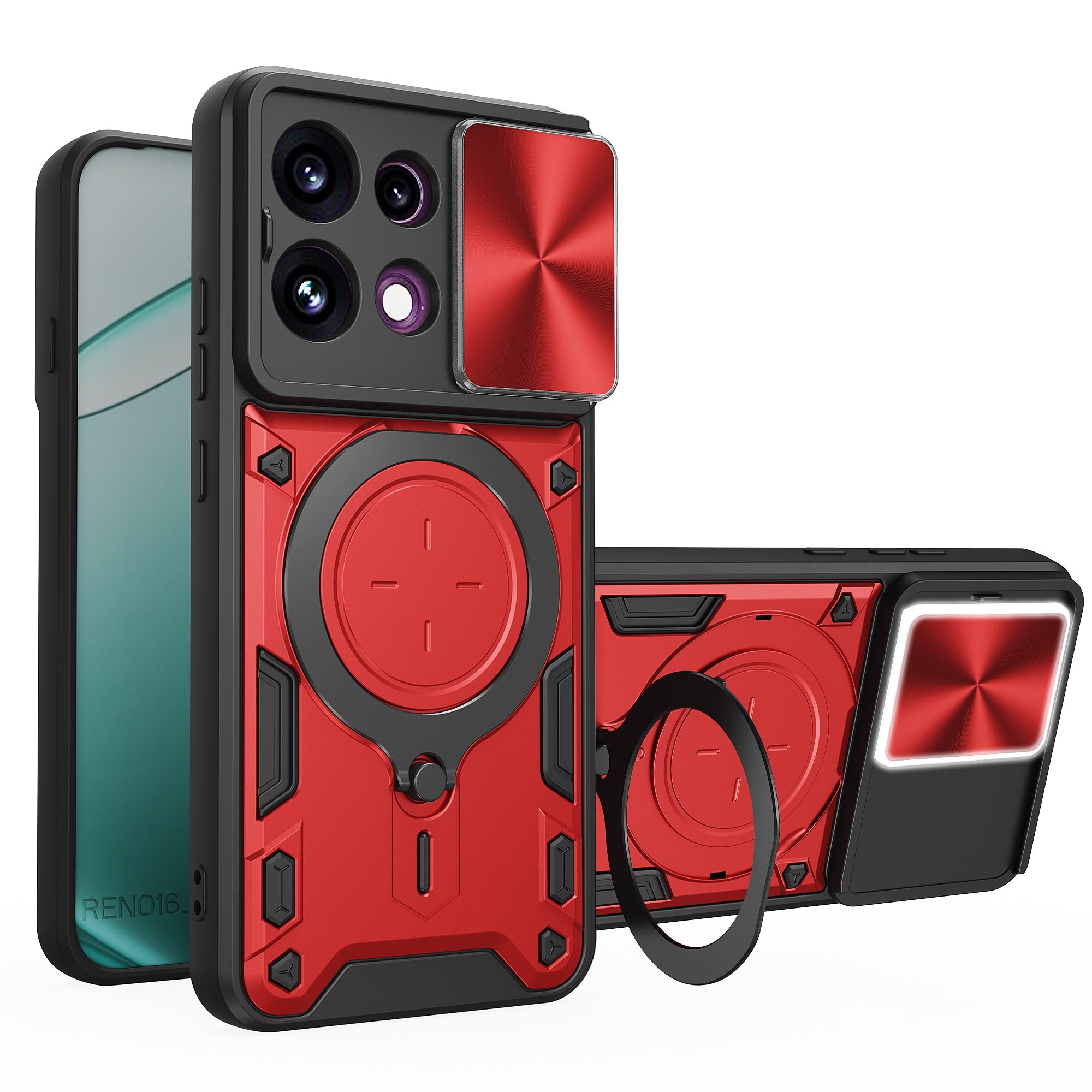 OPPO Reno16 F 5G Ring Kickstand Case w/ Camera Cover [Red]