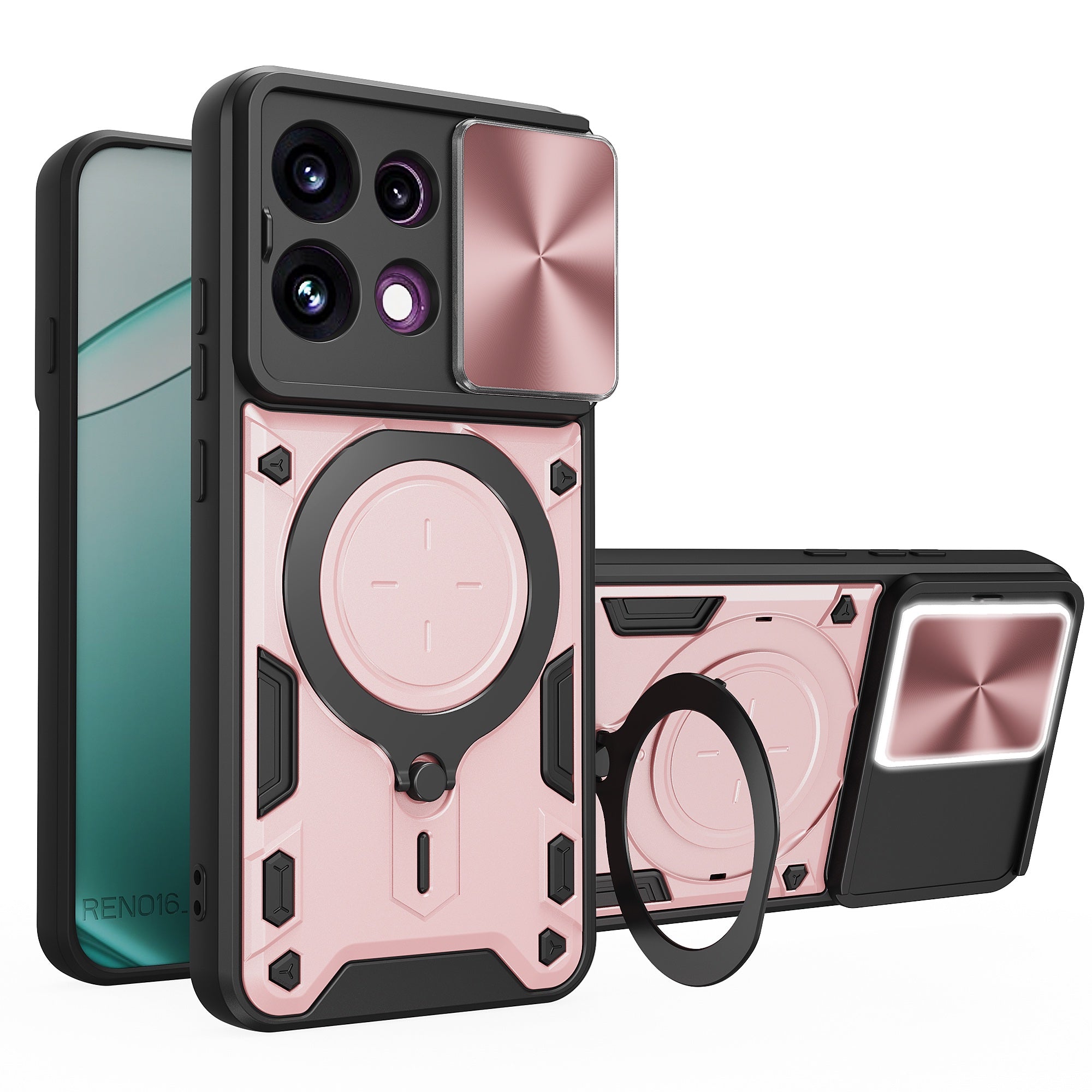OPPO Reno16 F 5G Ring Kickstand Case w/ Camera Cover [Rose Gold]