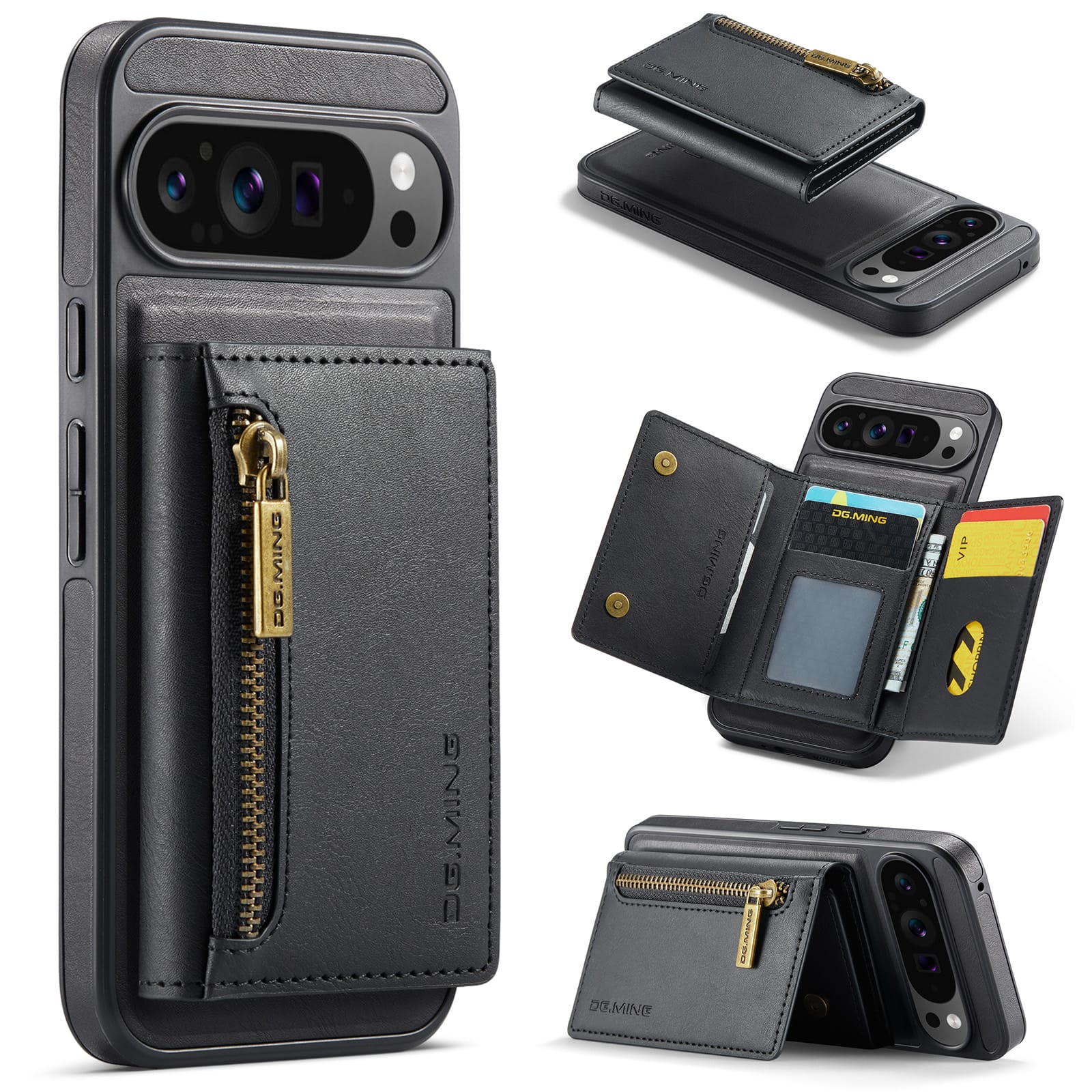 DG.MING Detachable Magnetic Wallet Case with Zipper Pocket for Pixel 10 ProXL [Black]