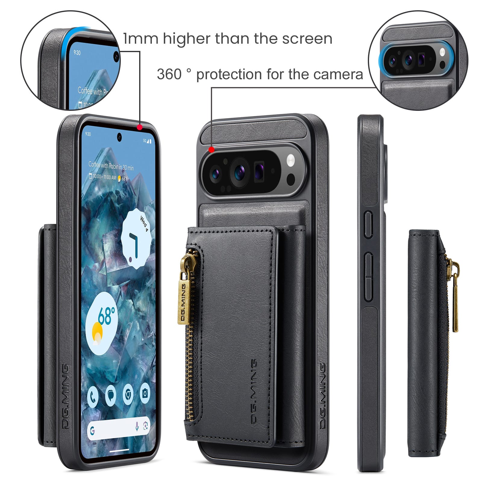 DG.MING Detachable Magnetic Wallet Case with Zipper Pocket for Pixel 10 ProXL [Black]
