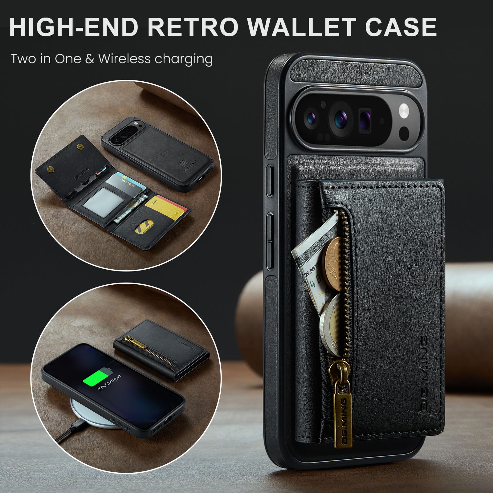 DG.MING Detachable Magnetic Wallet Case with Zipper Pocket for Pixel 10 ProXL [Black]