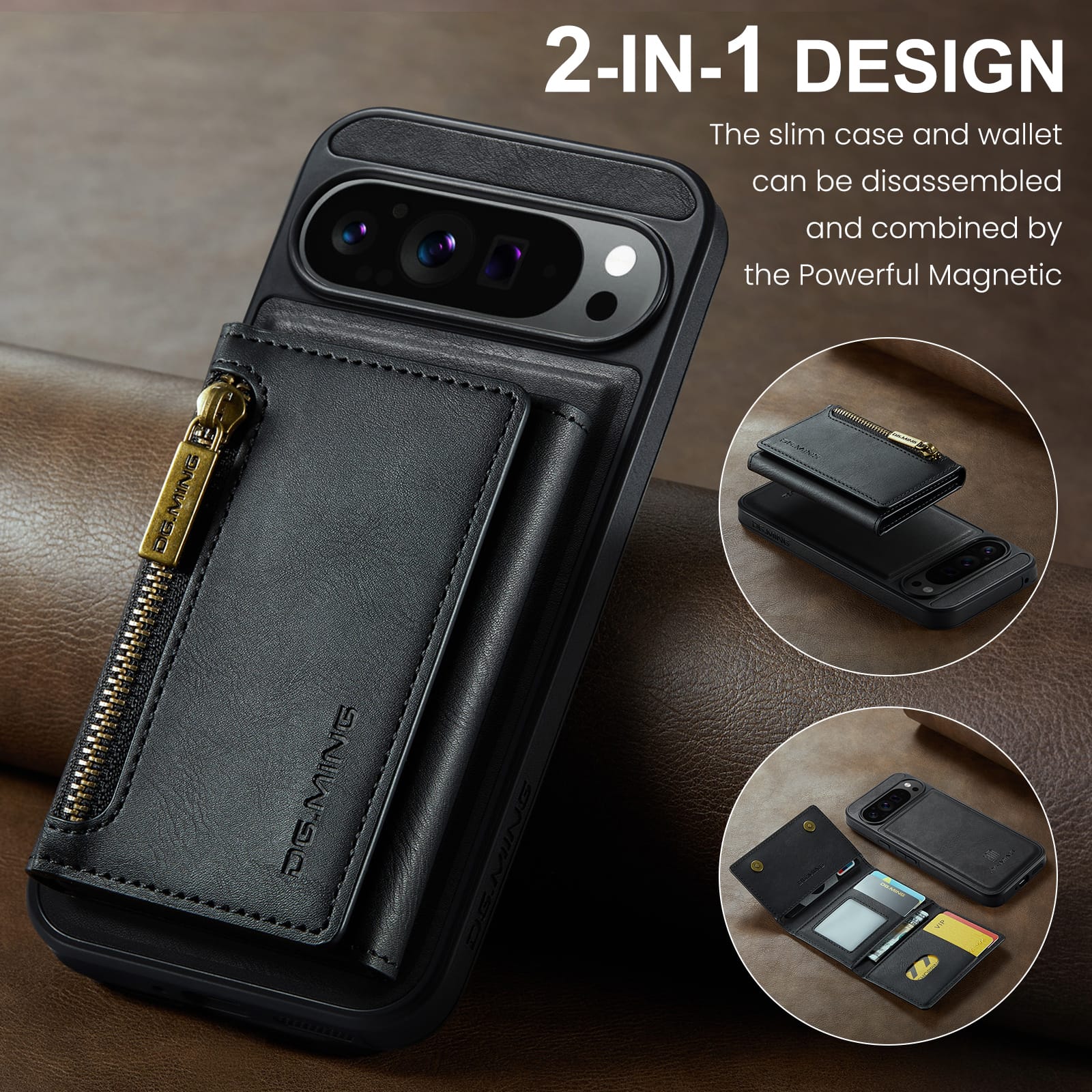 DG.MING Detachable Magnetic Wallet Case with Zipper Pocket for Pixel 10 ProXL [Black]