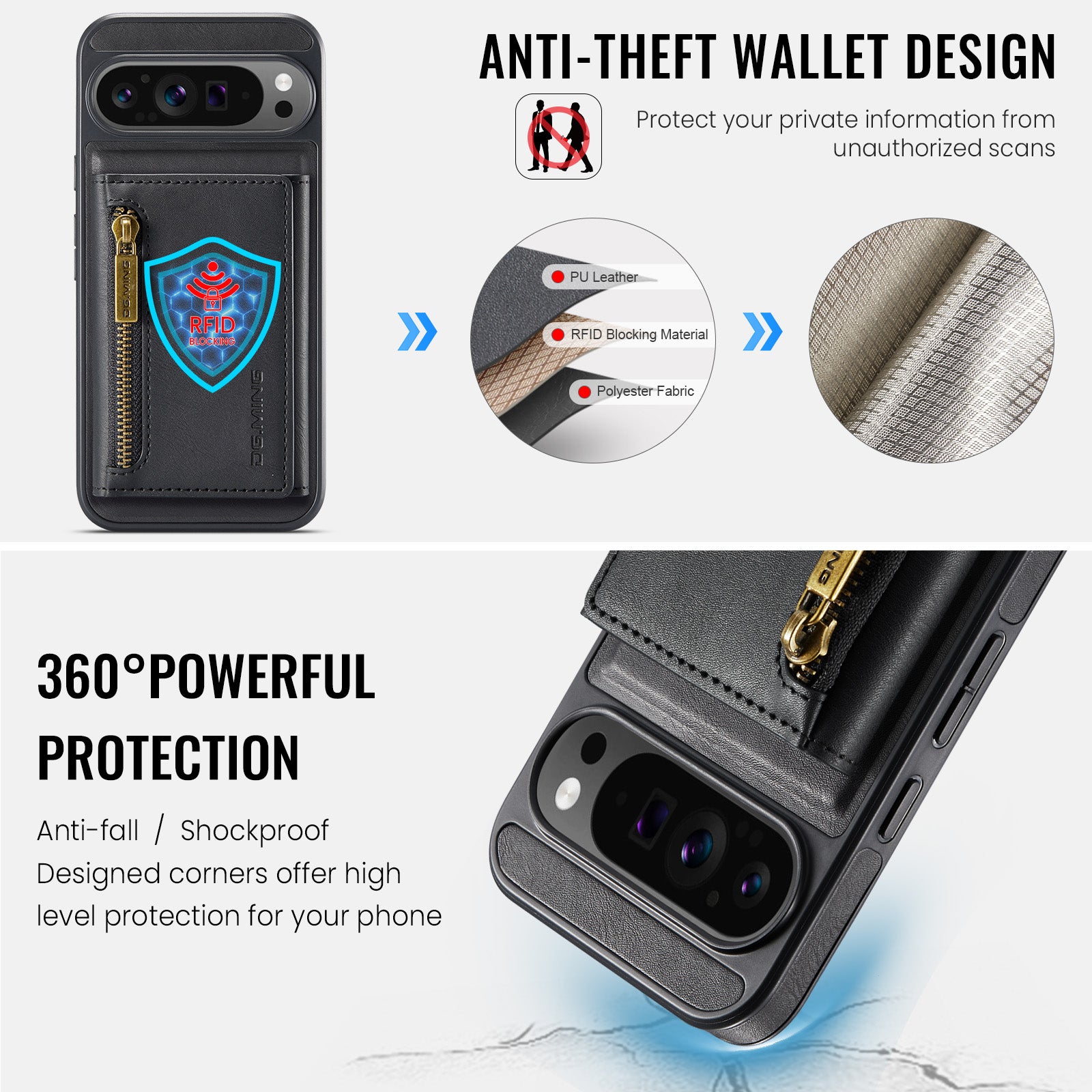 DG.MING Detachable Magnetic Wallet Case with Zipper Pocket for Pixel 10 ProXL [Black]