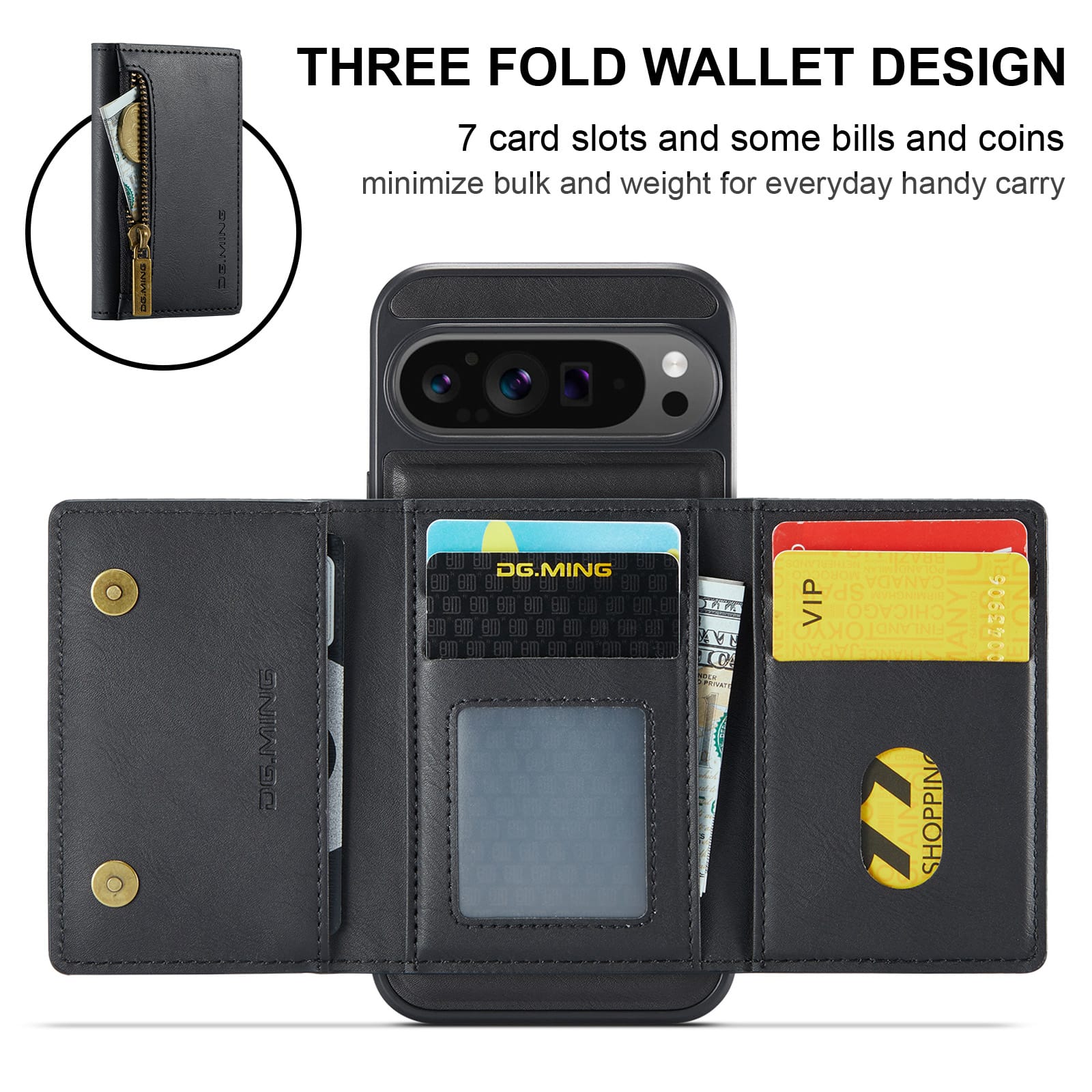 DG.MING Detachable Magnetic Wallet Case with Zipper Pocket for Pixel 10 ProXL [Black]