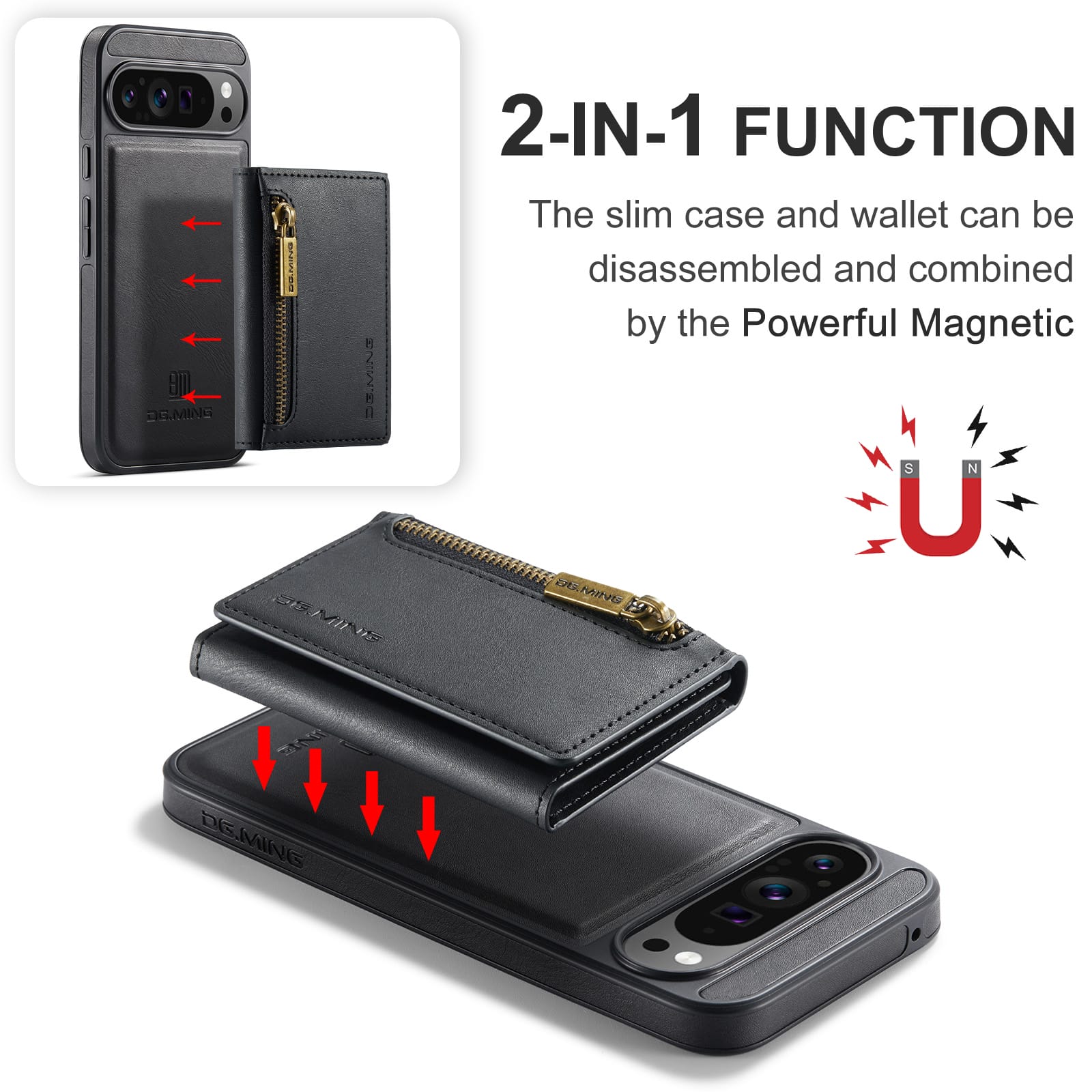 DG.MING Detachable Magnetic Wallet Case with Zipper Pocket for Pixel 10 ProXL [Black]