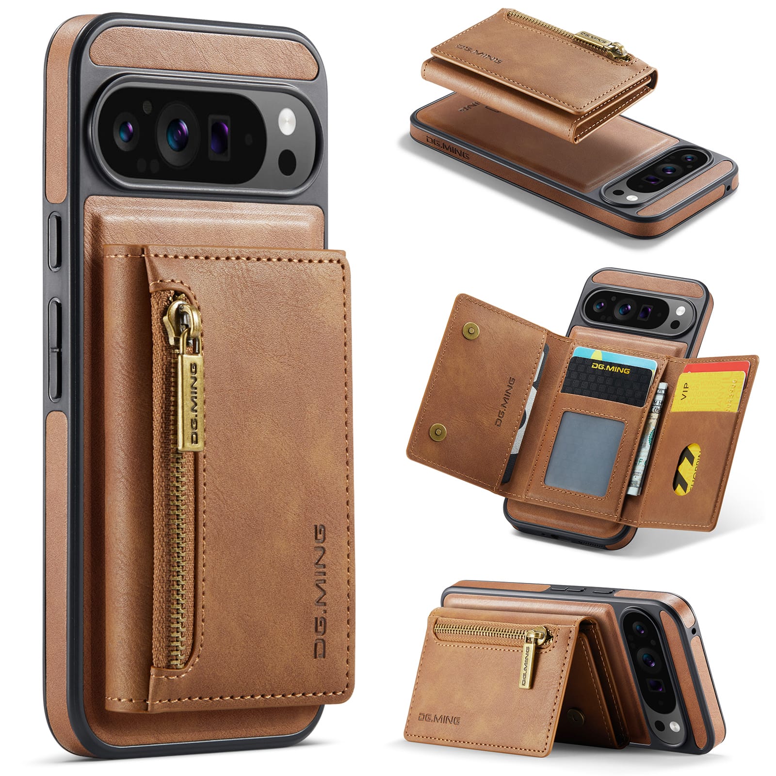 DG.MING Detachable Magnetic Wallet Case with Zipper Pocket for Pixel 10 ProXL [Brown]