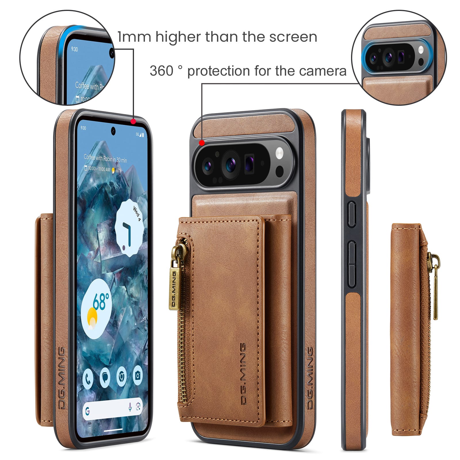 DG.MING Detachable Magnetic Wallet Case with Zipper Pocket for Pixel 10 ProXL [Brown]