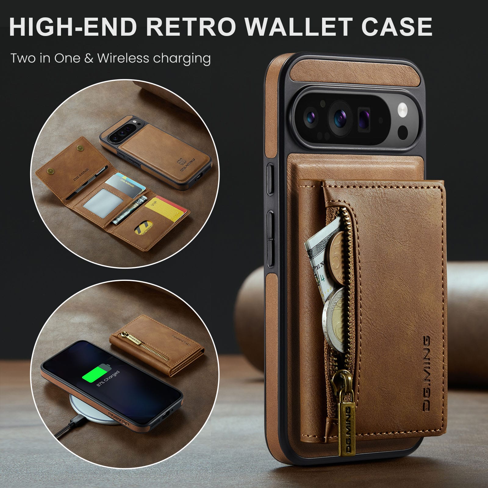 DG.MING Detachable Magnetic Wallet Case with Zipper Pocket for Pixel 10 ProXL [Brown]