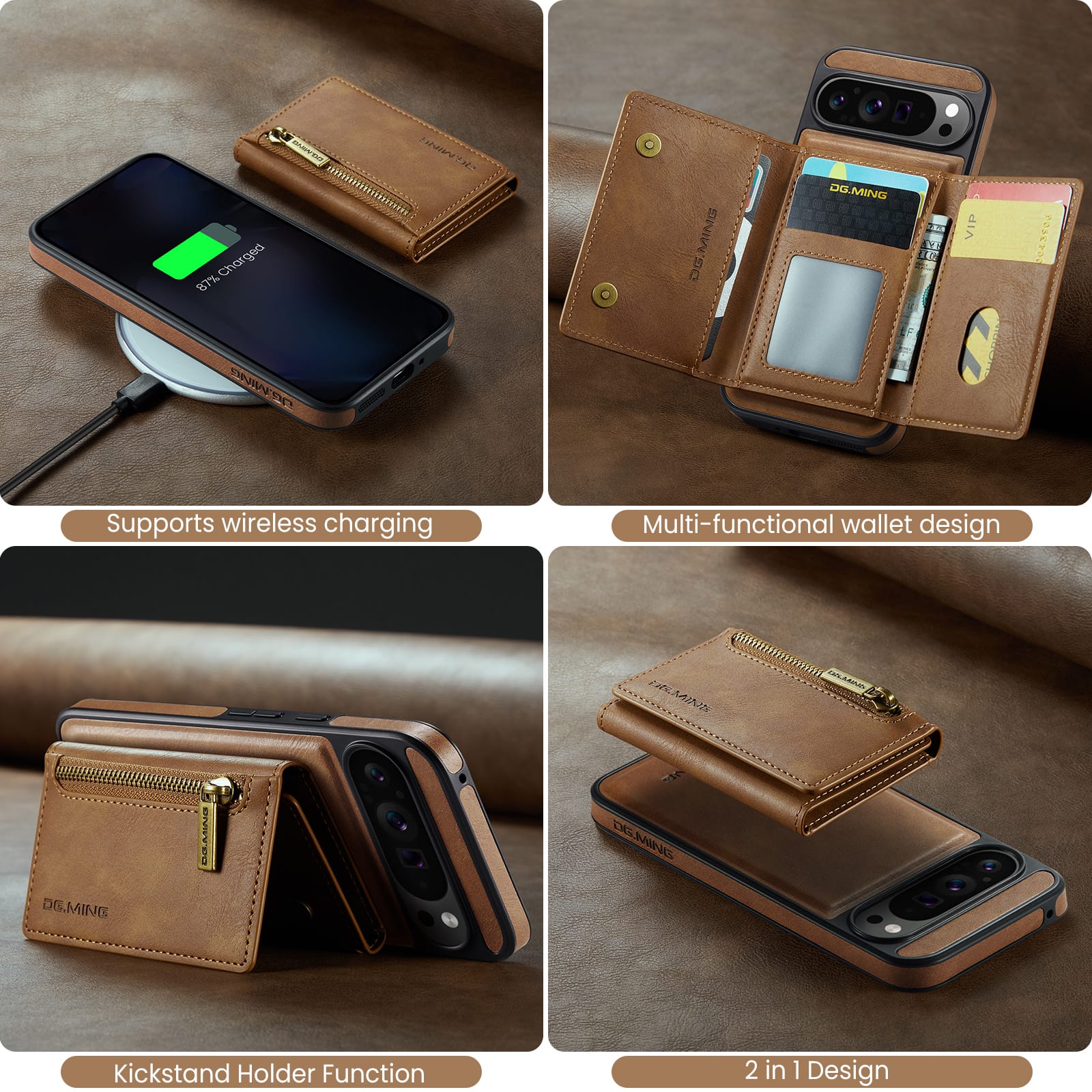 DG.MING Detachable Magnetic Wallet Case with Zipper Pocket for Pixel 10 ProXL [Brown]