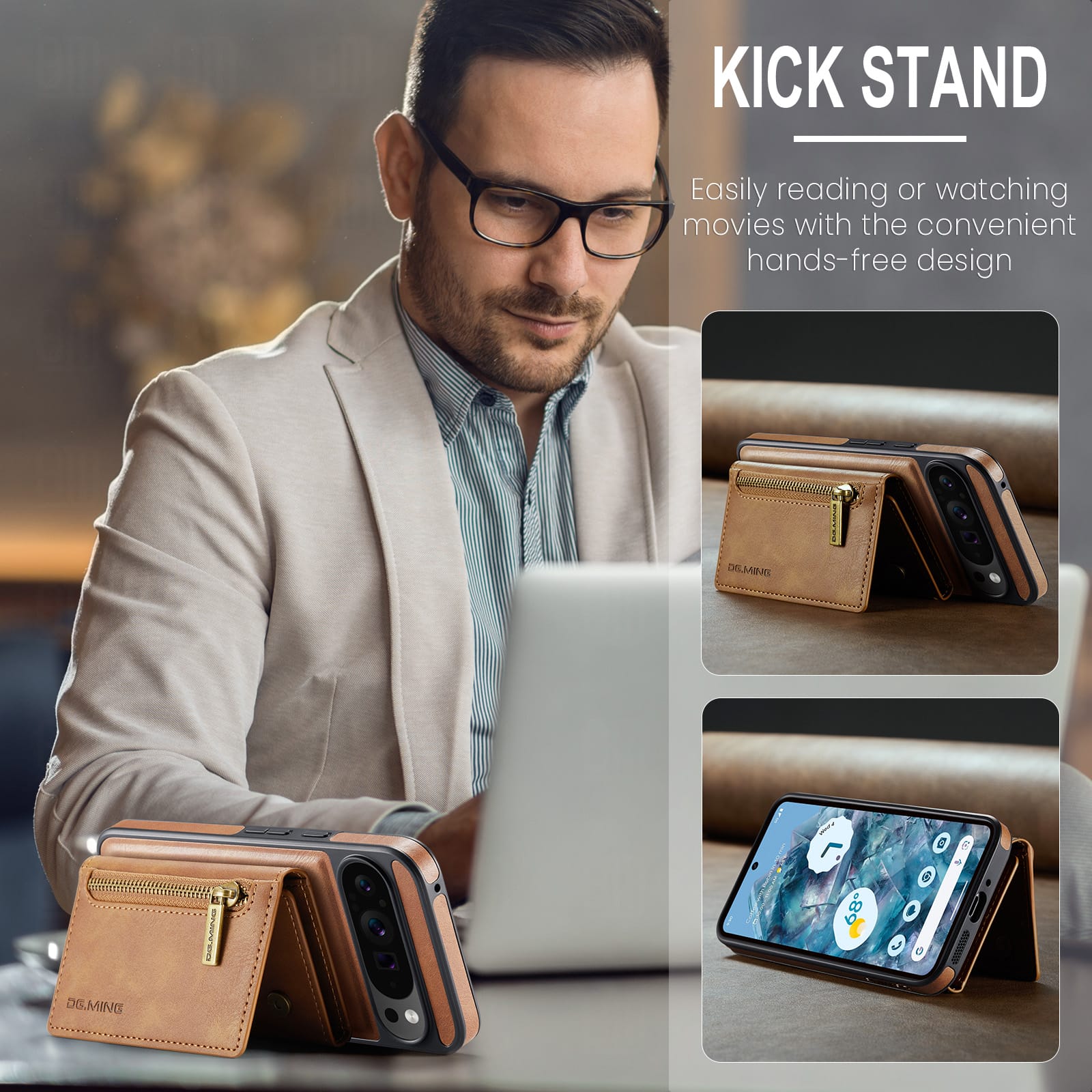 DG.MING Detachable Magnetic Wallet Case with Zipper Pocket for Pixel 10 ProXL [Brown]