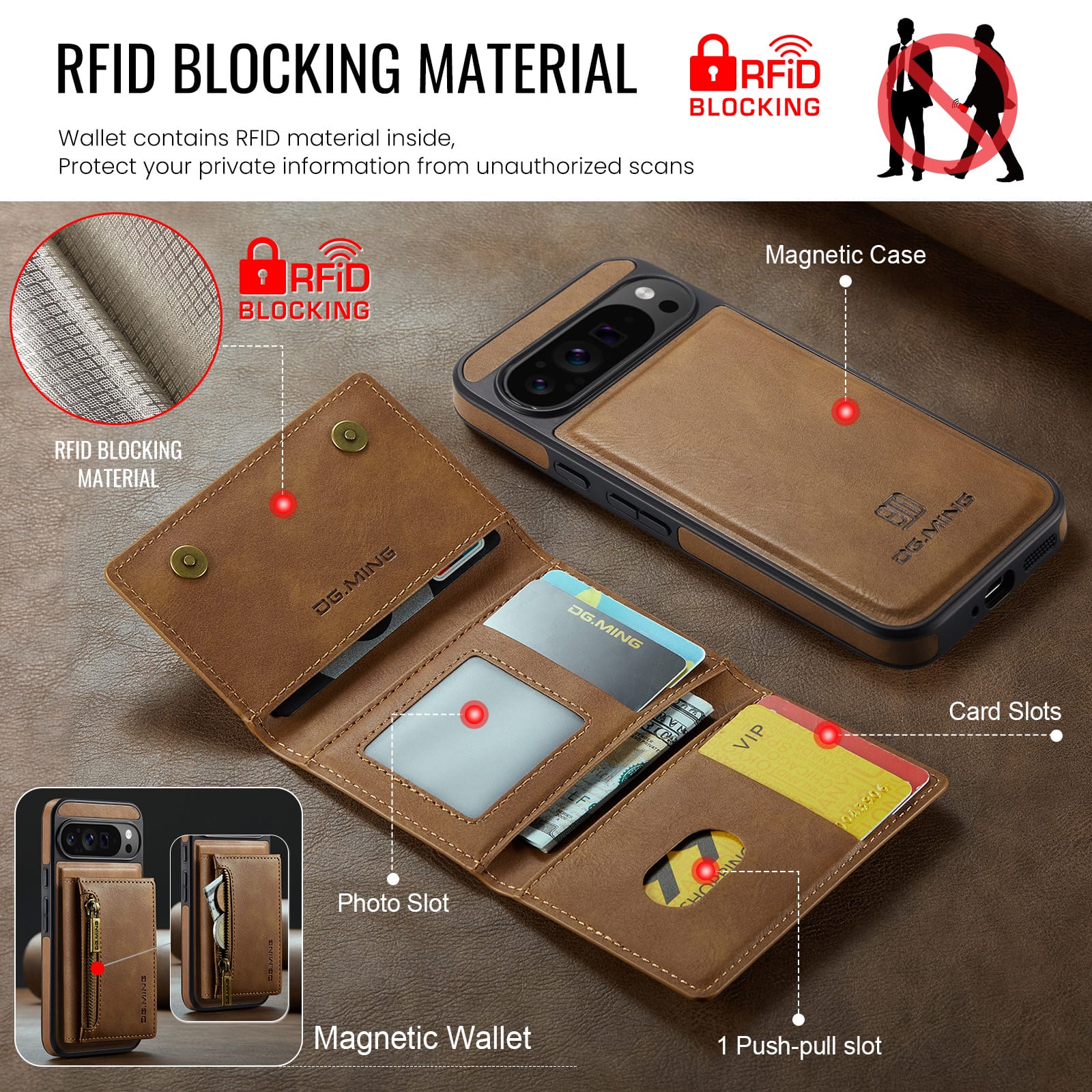 DG.MING Detachable Magnetic Wallet Case with Zipper Pocket for Pixel 10 ProXL [Brown]