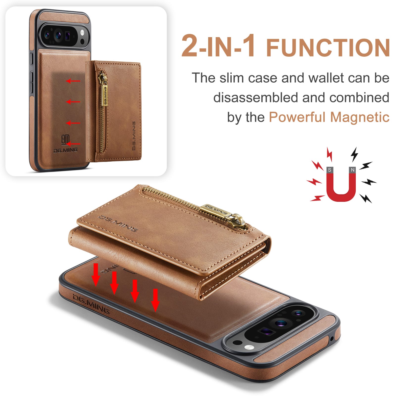 DG.MING Detachable Magnetic Wallet Case with Zipper Pocket for Pixel 10 ProXL [Brown]