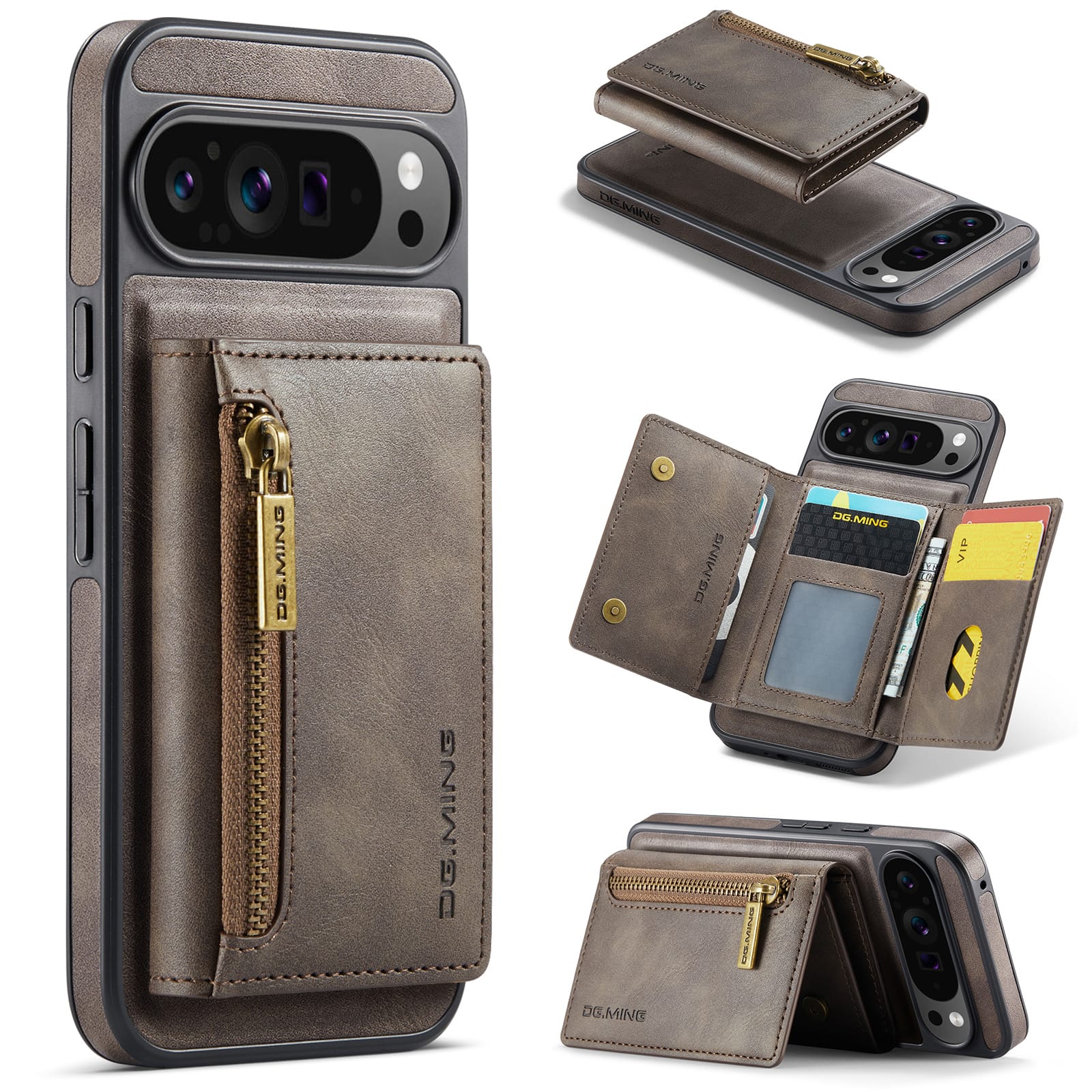 DG.MING Detachable Magnetic Wallet Case with Zipper Pocket for Pixel 10 ProXL [Coffee]