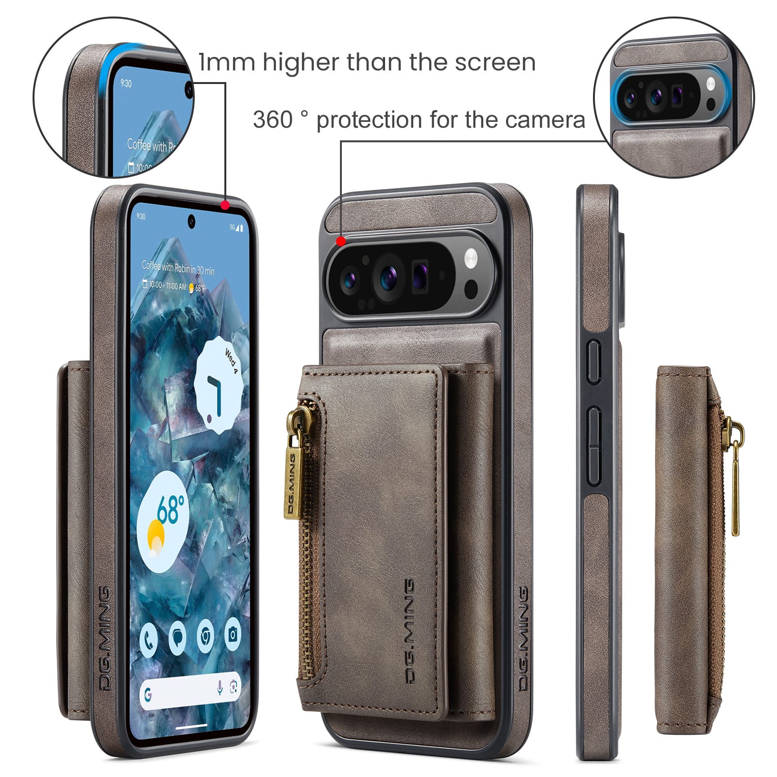 DG.MING Detachable Magnetic Wallet Case with Zipper Pocket for Pixel 10 ProXL [Coffee]