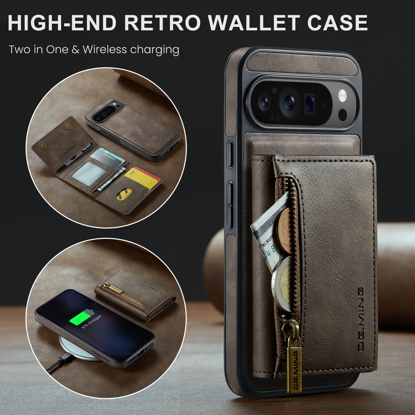 DG.MING Detachable Magnetic Wallet Case with Zipper Pocket for Pixel 10 ProXL [Coffee]
