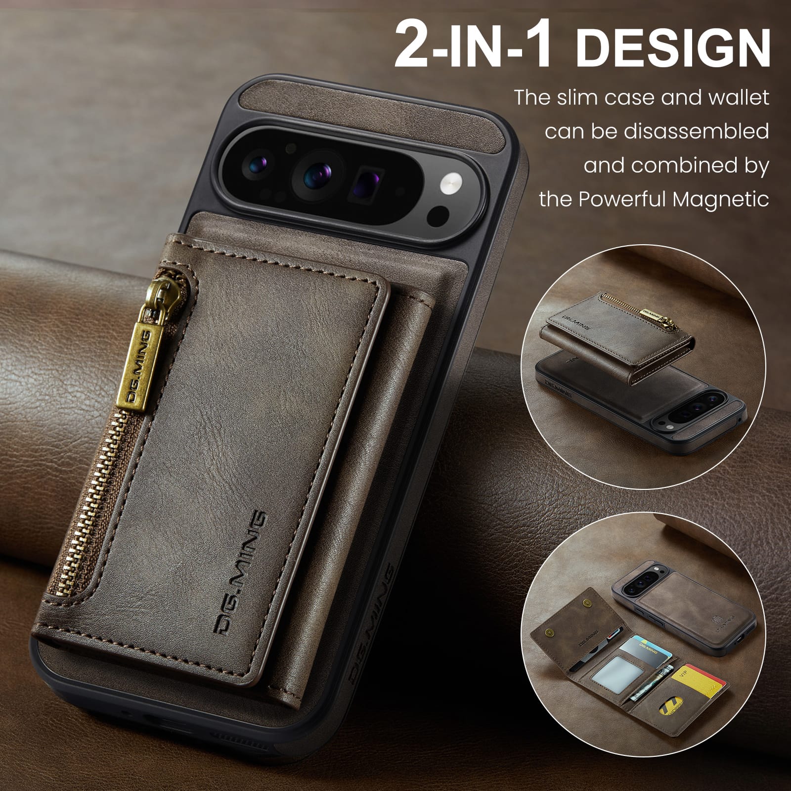 DG.MING Detachable Magnetic Wallet Case with Zipper Pocket for Pixel 10 ProXL [Coffee]