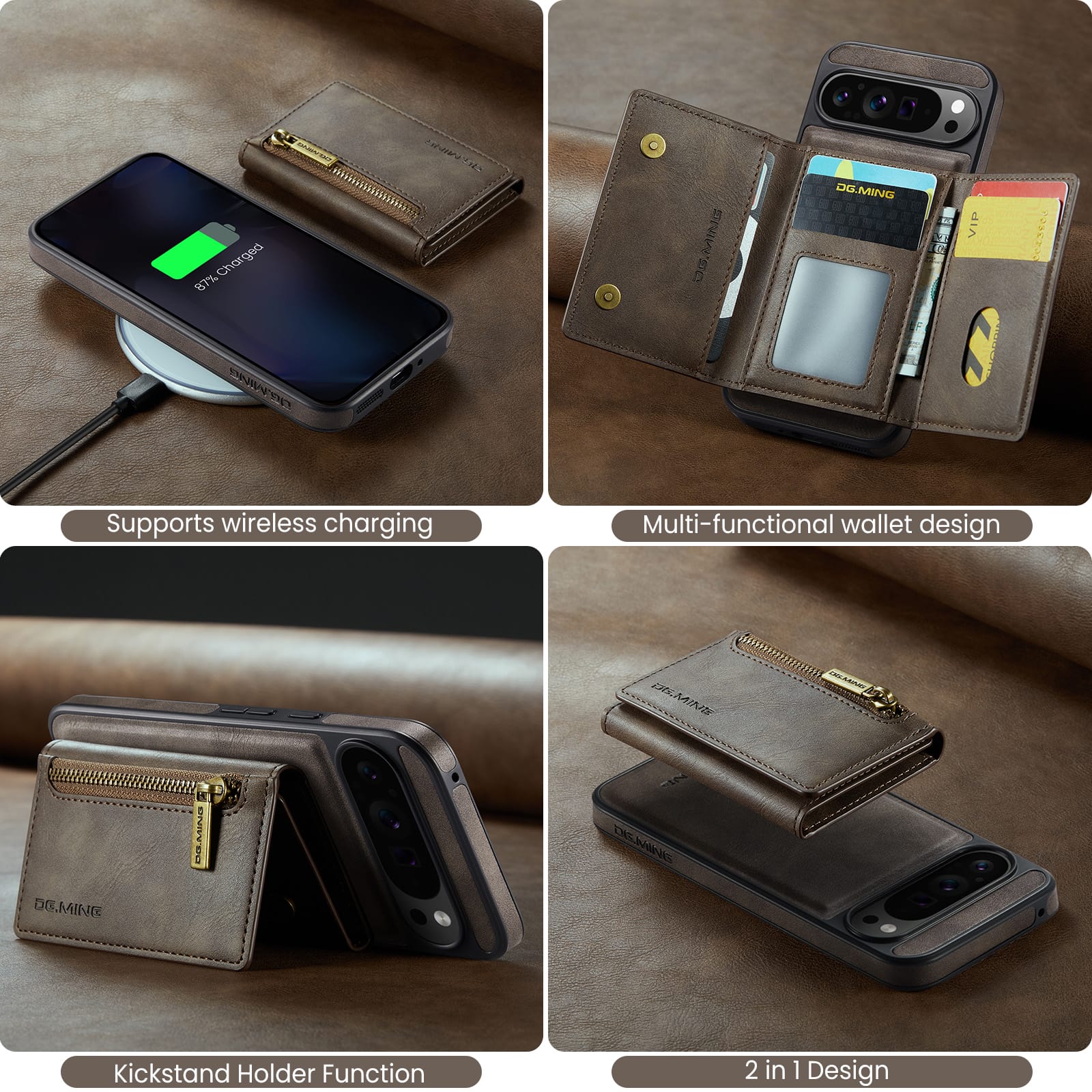 DG.MING Detachable Magnetic Wallet Case with Zipper Pocket for Pixel 10 ProXL [Coffee]