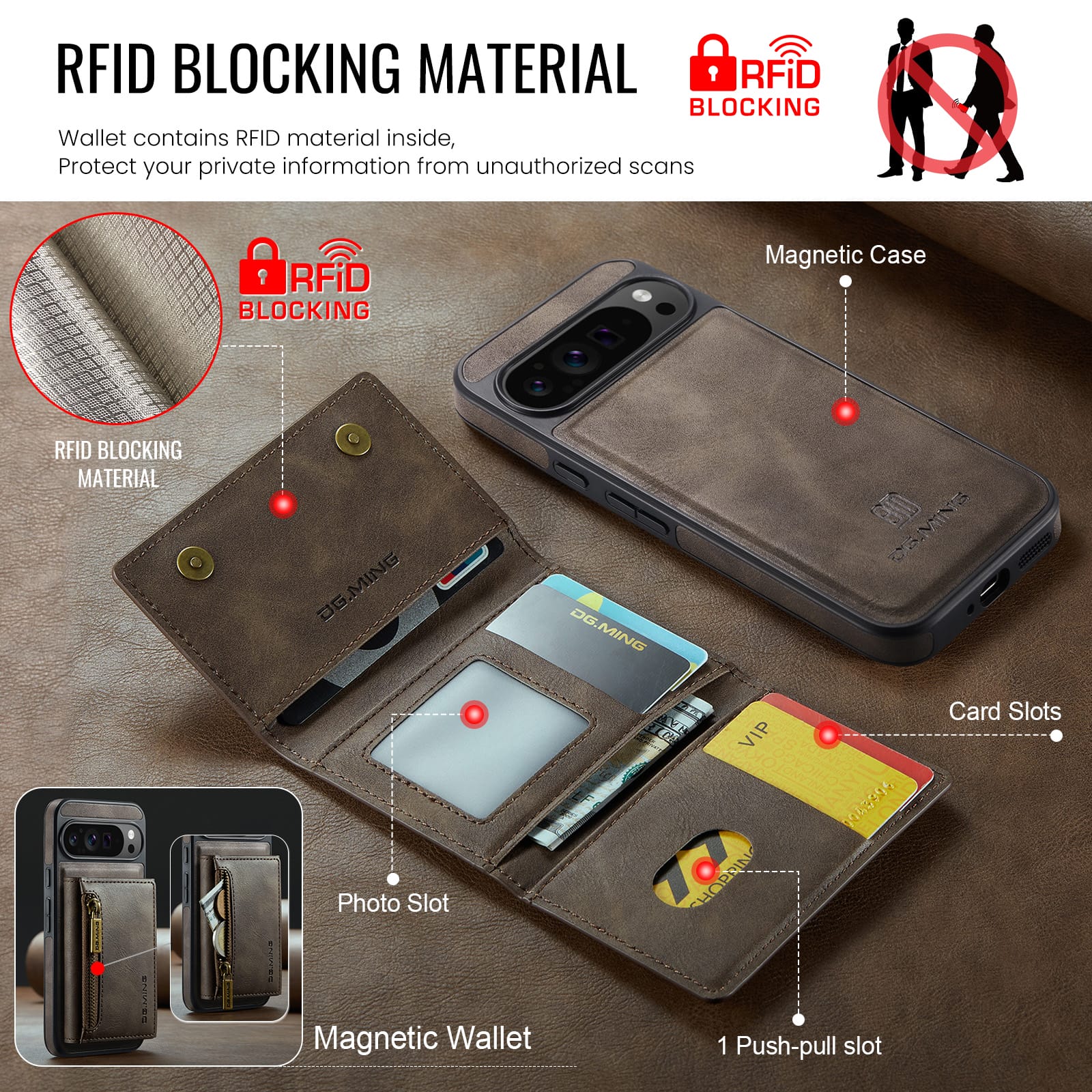 DG.MING Detachable Magnetic Wallet Case with Zipper Pocket for Pixel 10 ProXL [Coffee]