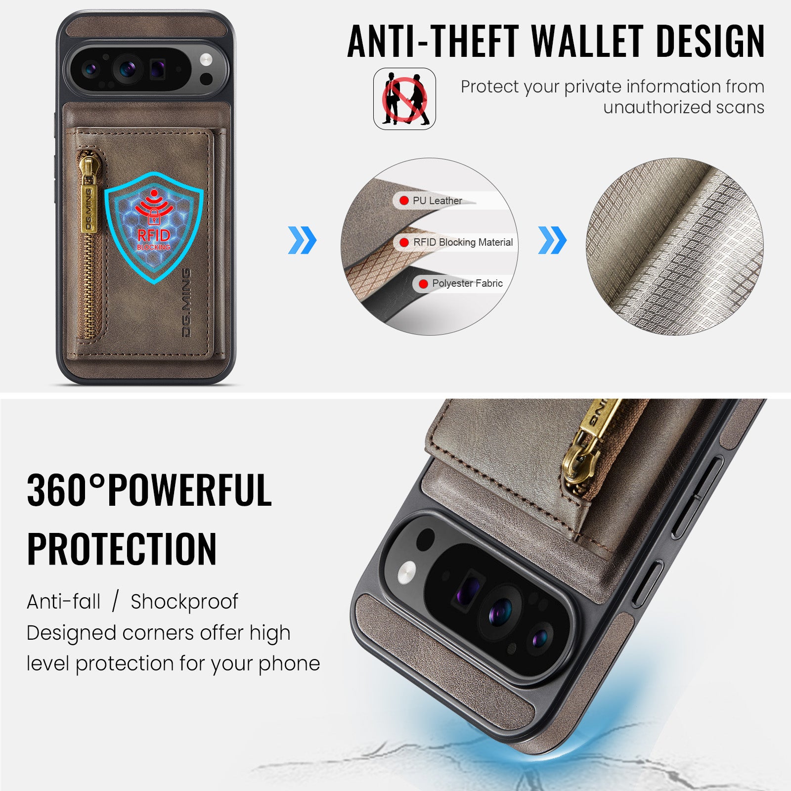 DG.MING Detachable Magnetic Wallet Case with Zipper Pocket for Pixel 10 ProXL [Coffee]