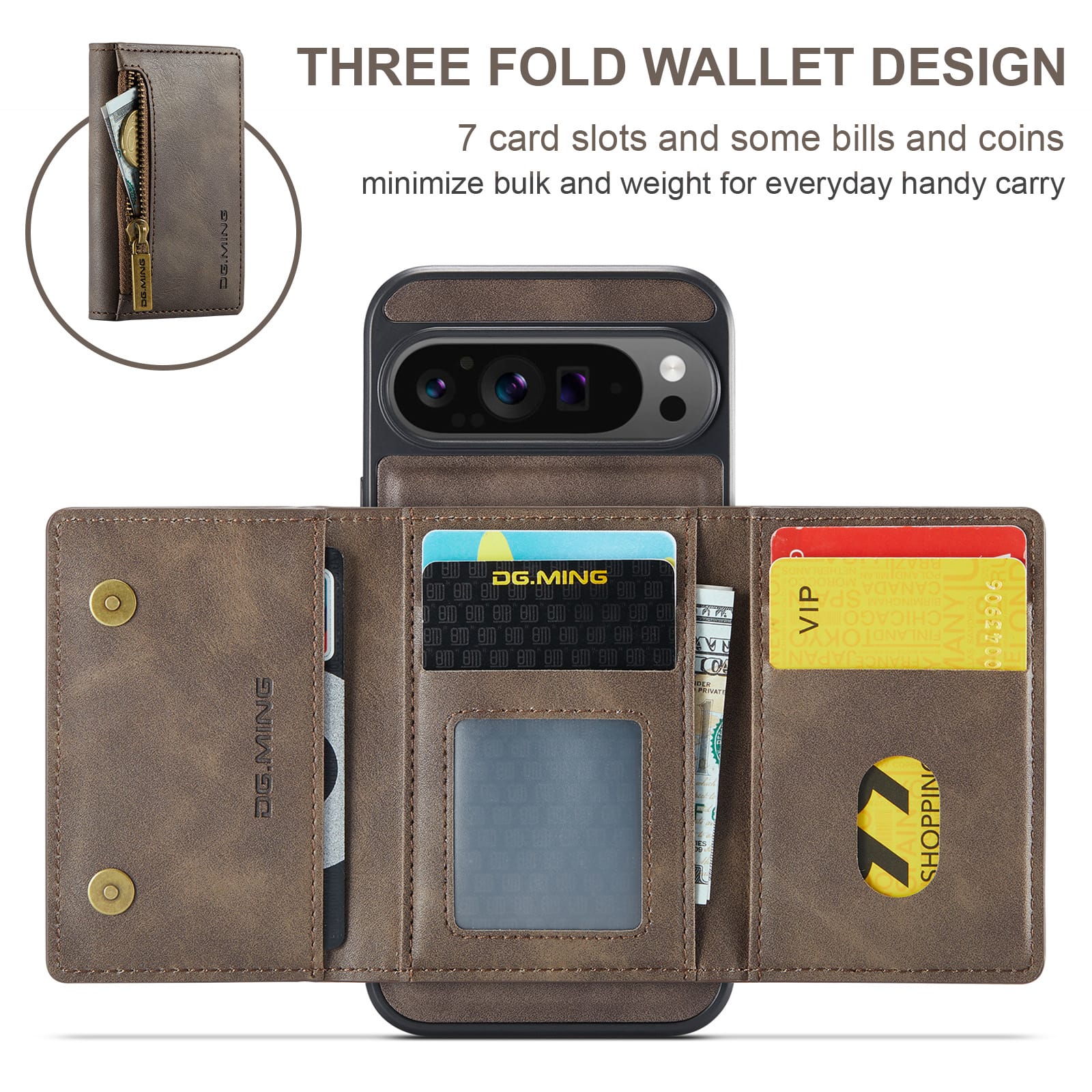 DG.MING Detachable Magnetic Wallet Case with Zipper Pocket for Pixel 10 ProXL [Coffee]