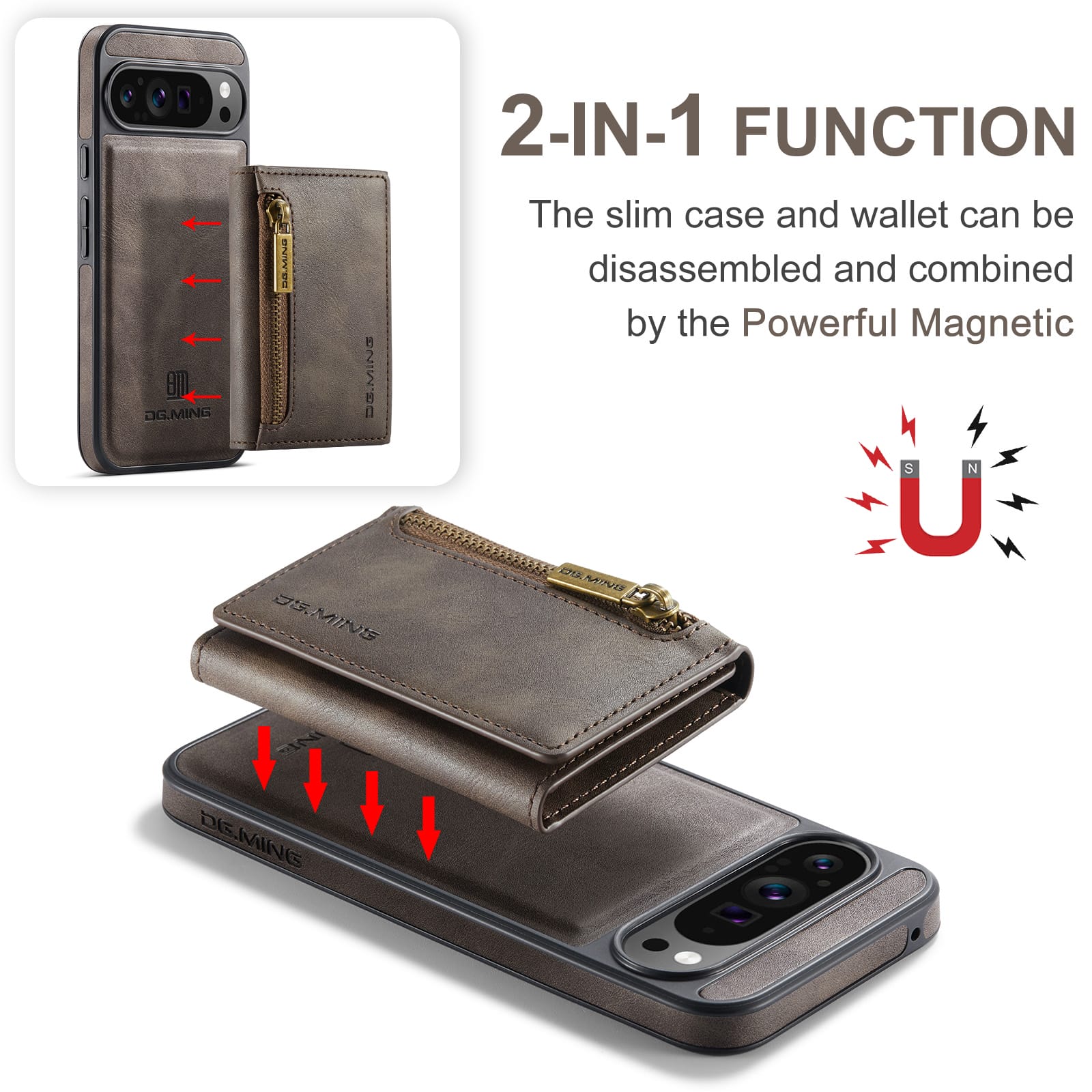 DG.MING Detachable Magnetic Wallet Case with Zipper Pocket for Pixel 10 ProXL [Coffee]