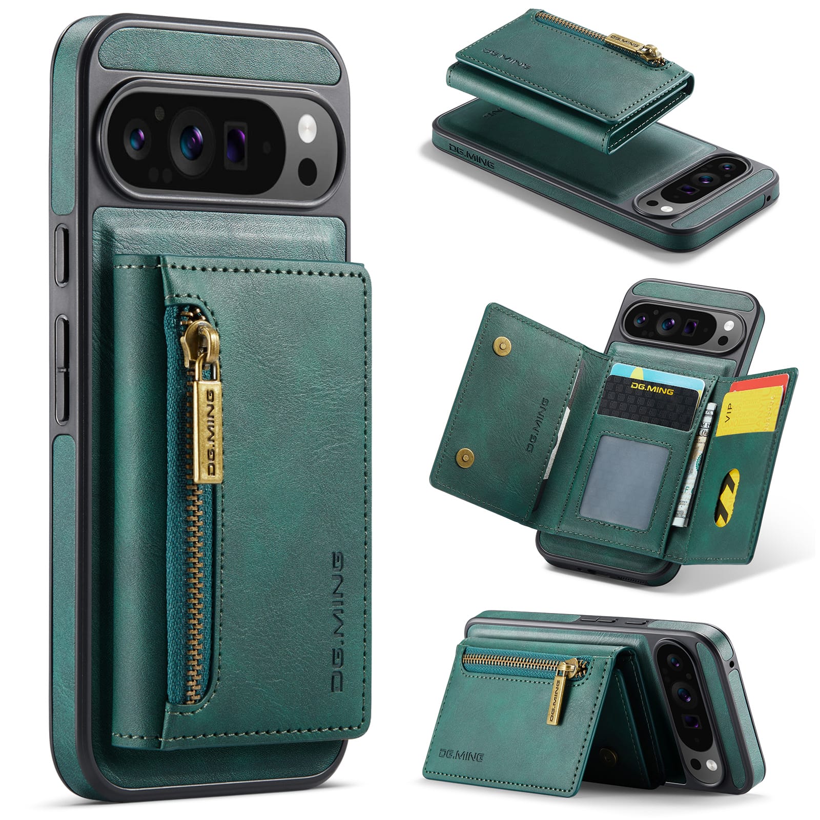 DG.MING Detachable Magnetic Wallet Case with Zipper Pocket for Pixel 10 ProXL [Green]