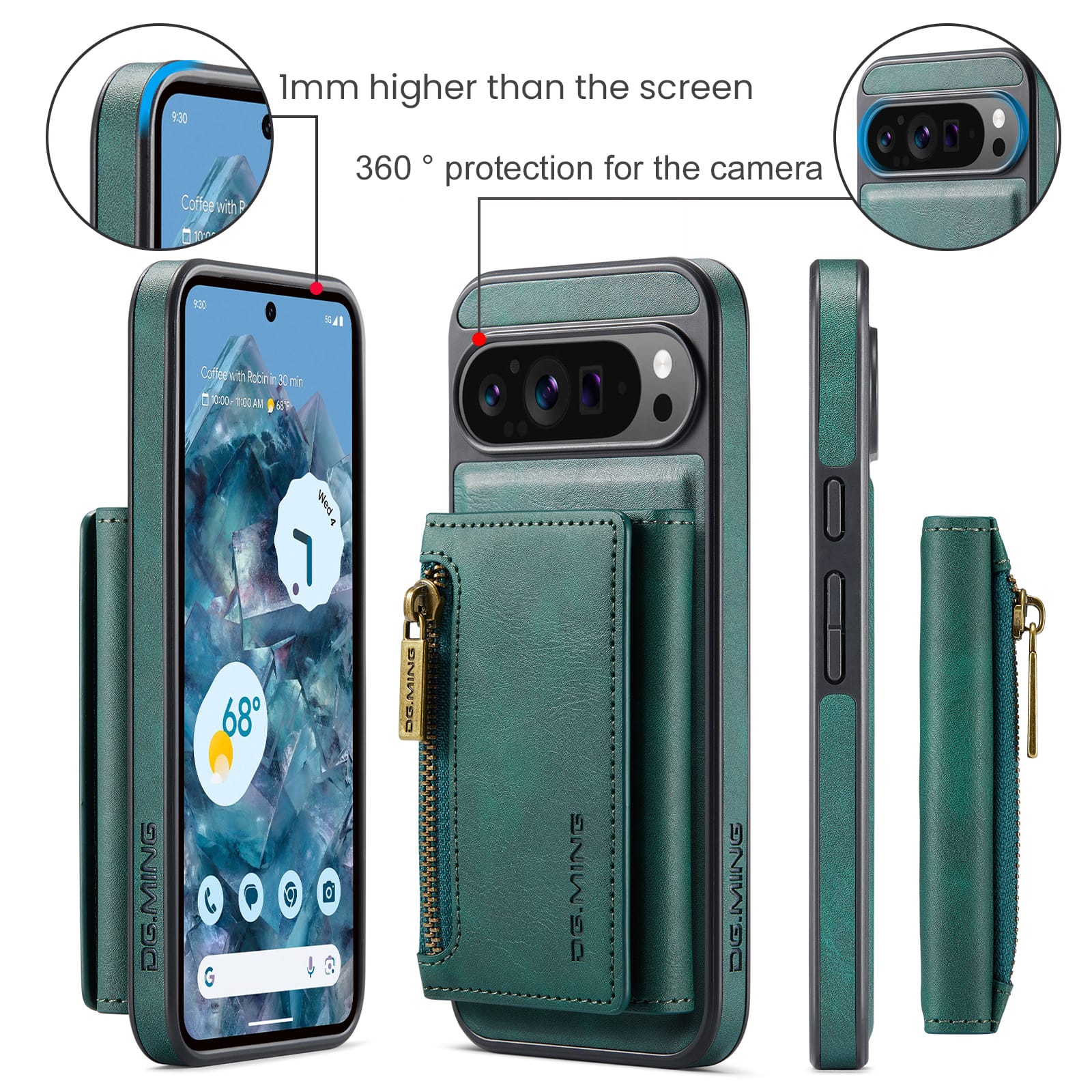DG.MING Detachable Magnetic Wallet Case with Zipper Pocket for Pixel 10 ProXL [Green]