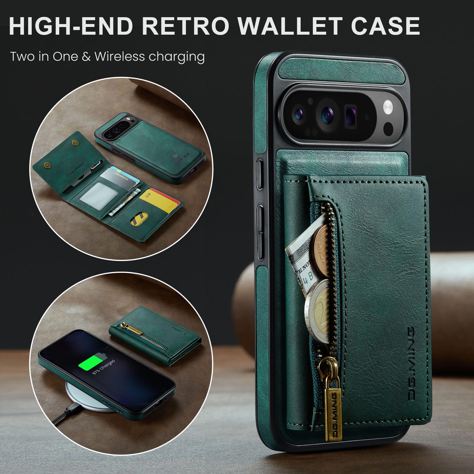 DG.MING Detachable Magnetic Wallet Case with Zipper Pocket for Pixel 10 ProXL [Green]