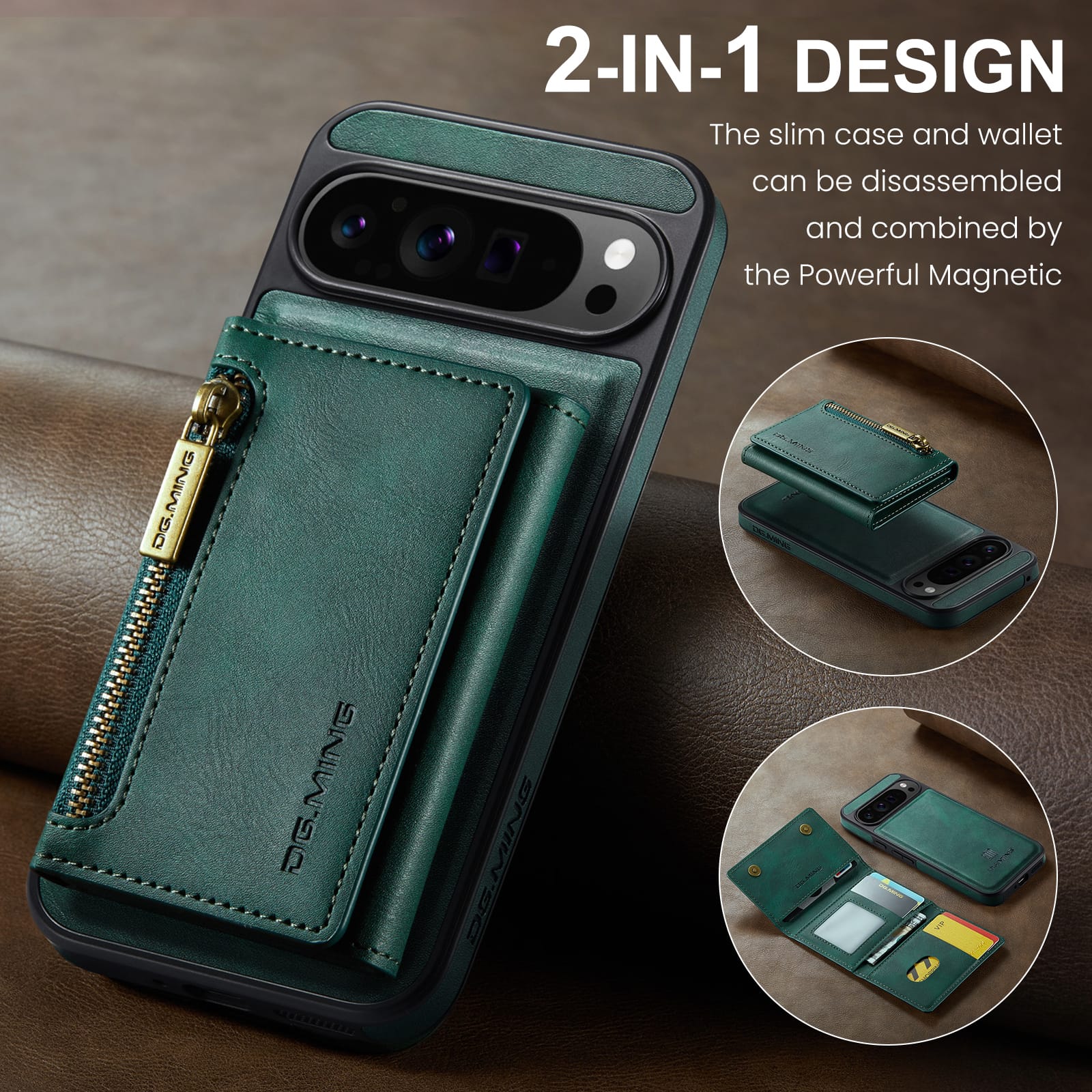 DG.MING Detachable Magnetic Wallet Case with Zipper Pocket for Pixel 10 ProXL [Green]
