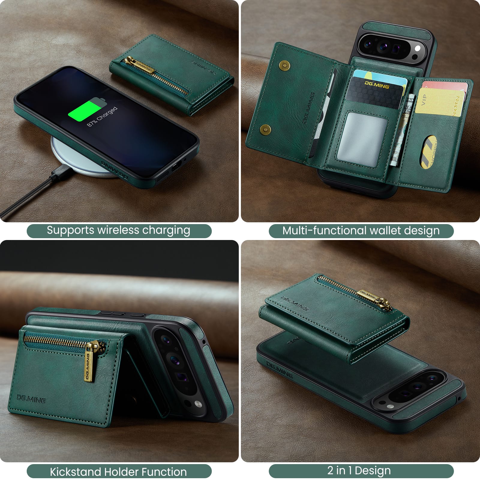 DG.MING Detachable Magnetic Wallet Case with Zipper Pocket for Pixel 10 ProXL [Green]