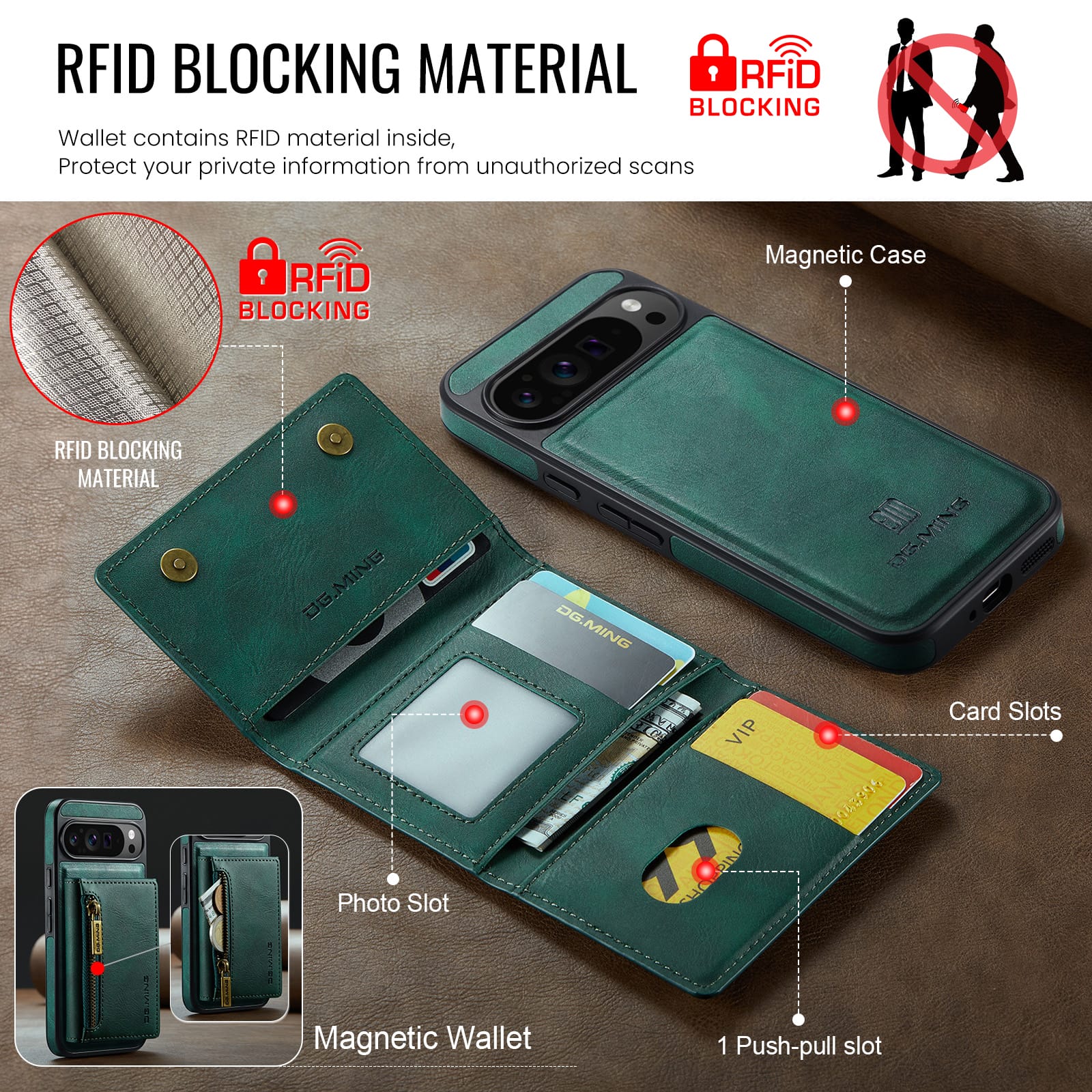 DG.MING Detachable Magnetic Wallet Case with Zipper Pocket for Pixel 10 ProXL [Green]