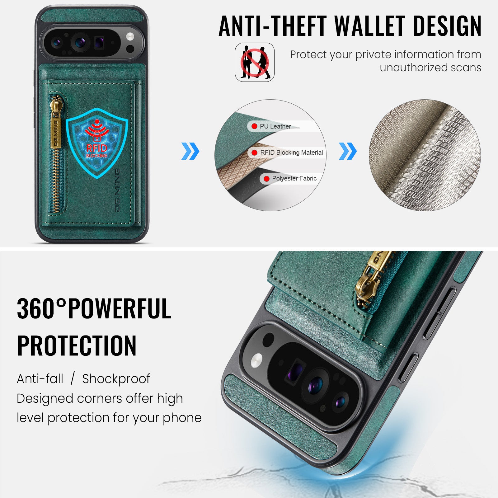 DG.MING Detachable Magnetic Wallet Case with Zipper Pocket for Pixel 10 ProXL [Green]