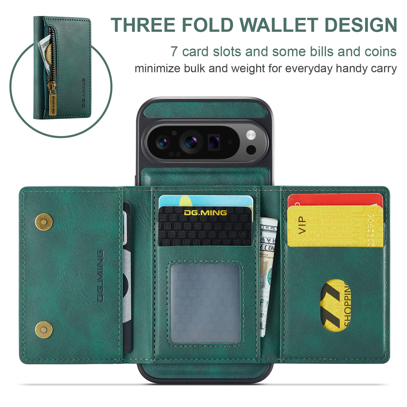 DG.MING Detachable Magnetic Wallet Case with Zipper Pocket for Pixel 10 ProXL [Green]