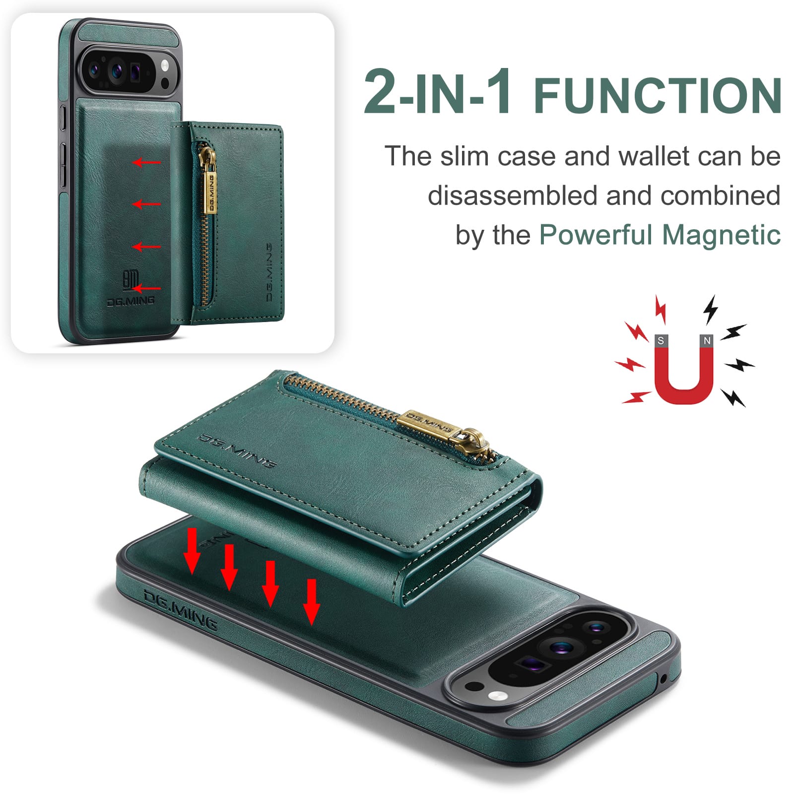 DG.MING Detachable Magnetic Wallet Case with Zipper Pocket for Pixel 10 ProXL [Green]