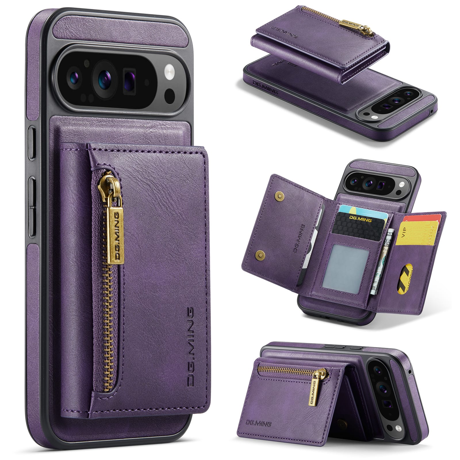 DG.MING Detachable Magnetic Wallet Case with Zipper Pocket for Pixel 10 ProXL [Purple]