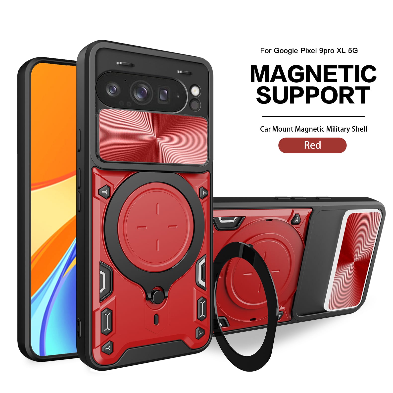 Google Pixel 10 Pro XL Ring Kickstand Case w/ Camera Cover [Red]