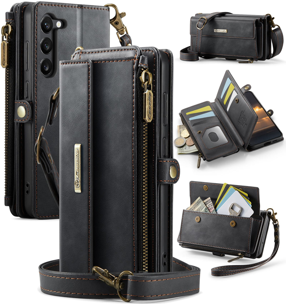 Samsung Galaxy S23 Plus Crossbody Case with Strap, Card Slots & Zipper Pocket [Black]