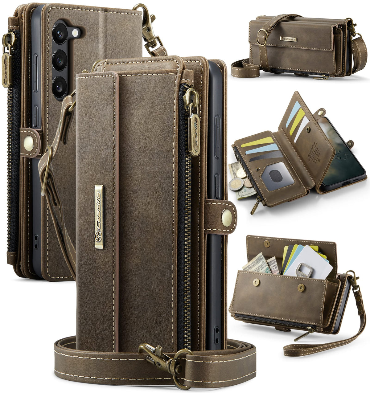 Samsung Galaxy S23 Crossbody Case with Strap, Card Slots & Zipper Pocket [Coffee]