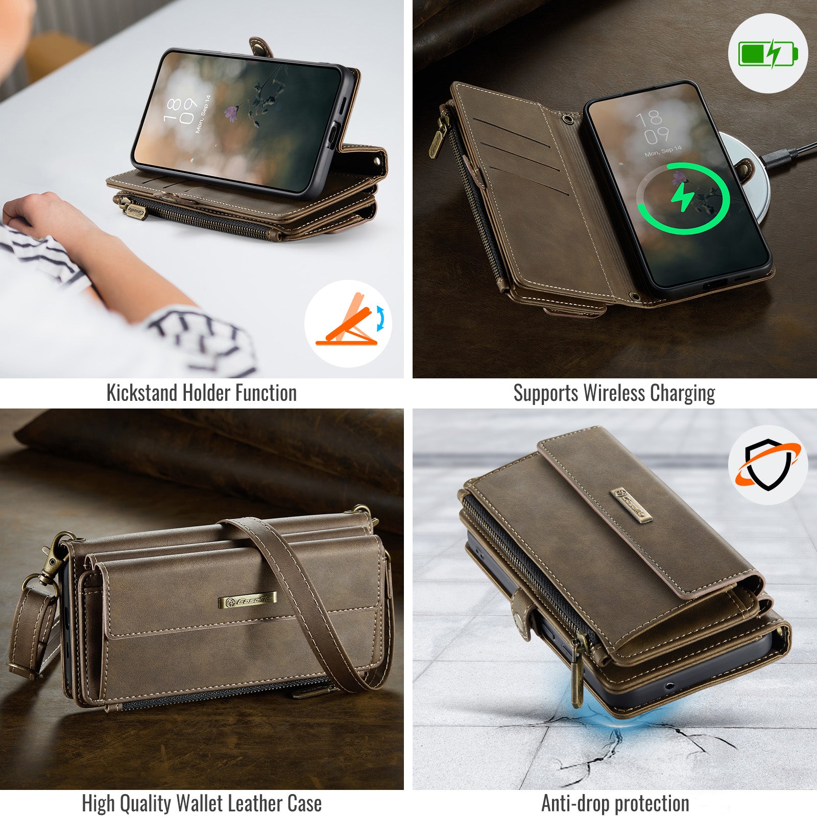 Samsung Galaxy S23 Crossbody Case with Strap, Card Slots & Zipper Pocket [Coffee]