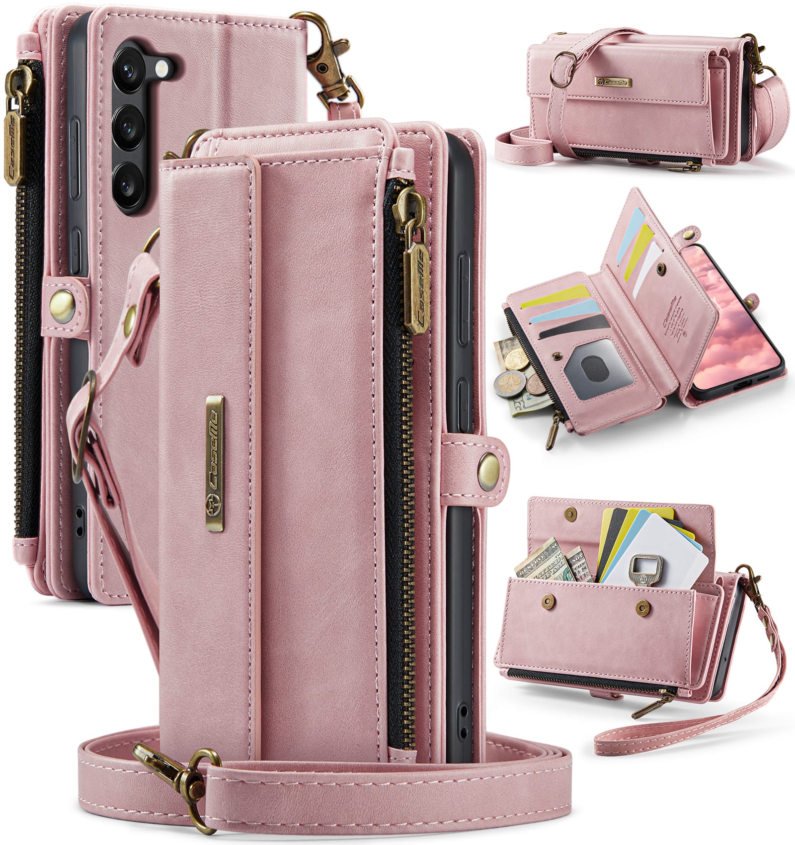 Samsung Galaxy S23 Plus Crossbody Case with Strap, Card Slots & Zipper Pocket [Pink]