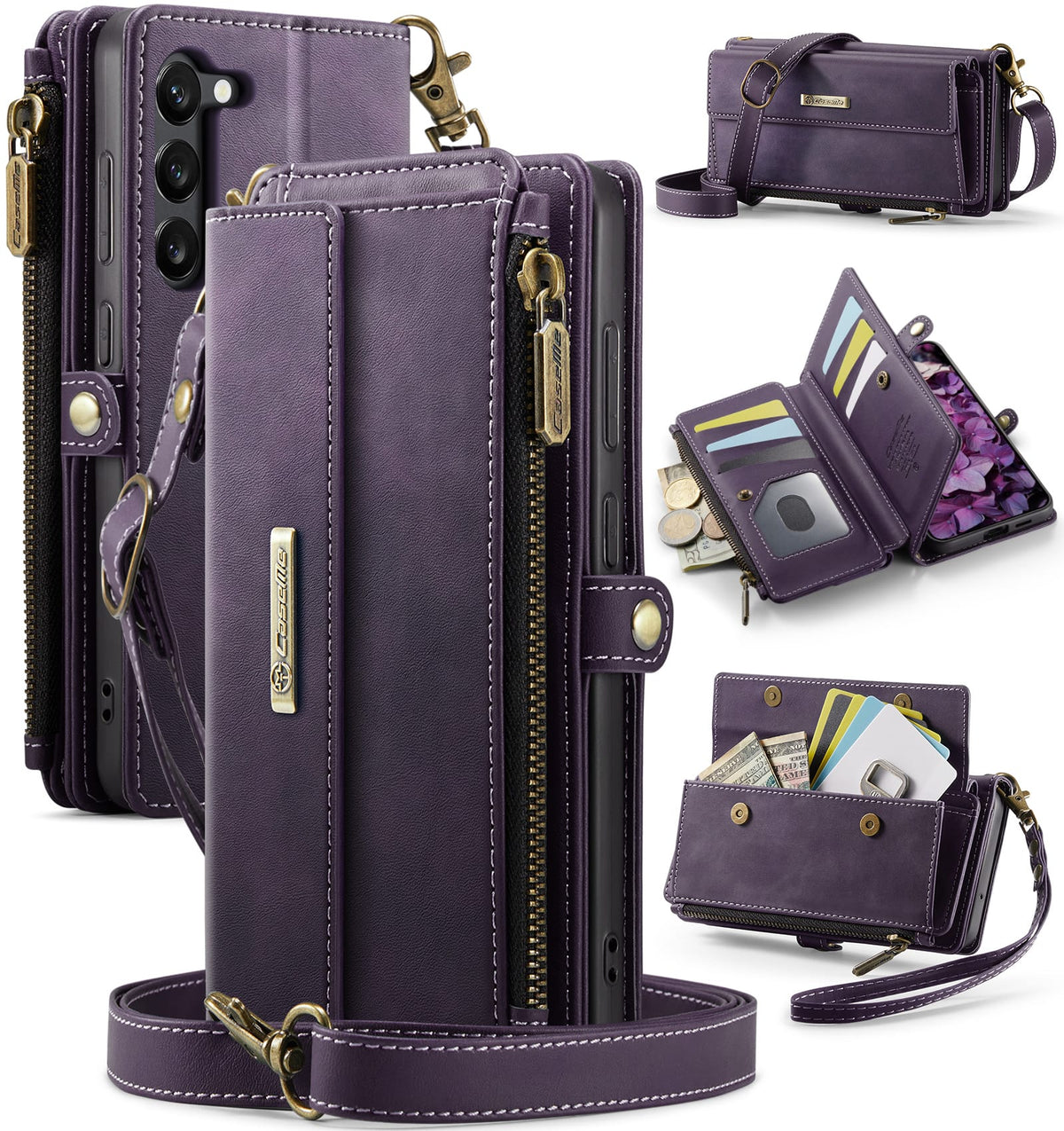 Samsung Galaxy S23 Crossbody Case with Strap, Card Slots & Zipper Pocket [Purple]