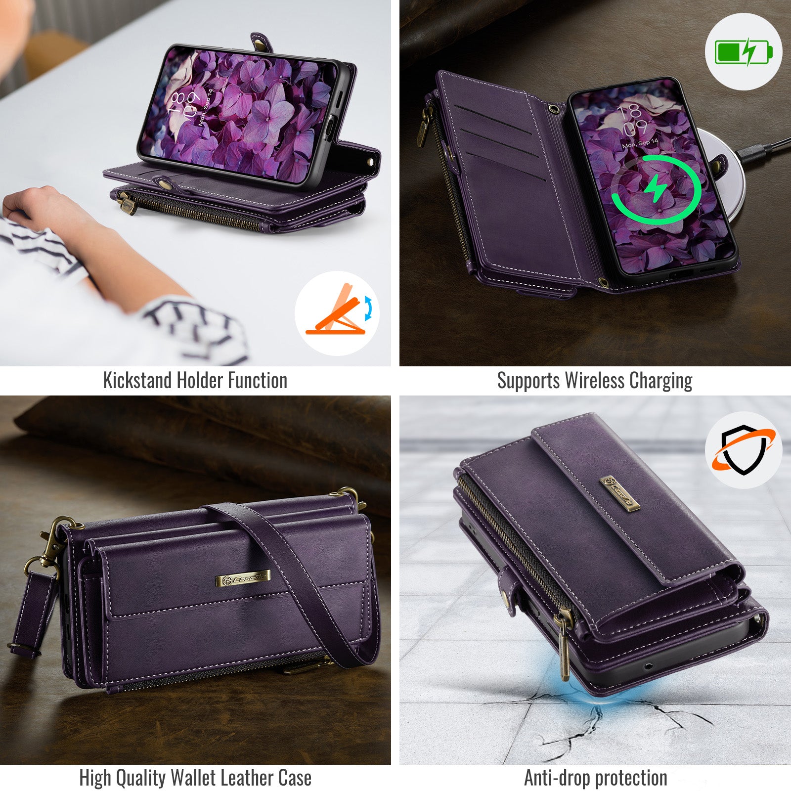 Samsung Galaxy S23 Crossbody Case with Strap, Card Slots & Zipper Pocket [Purple]