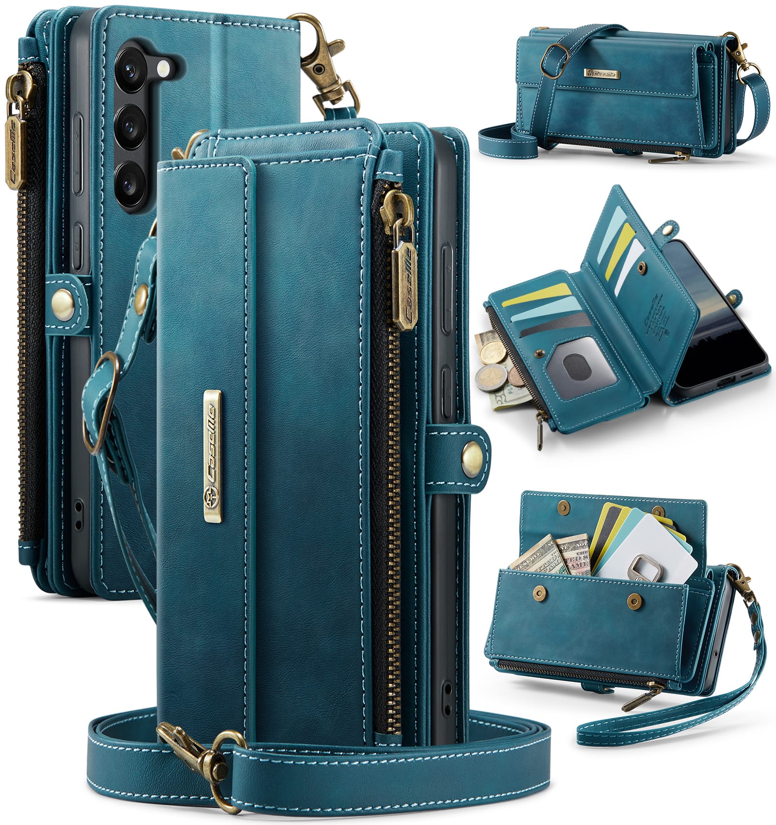 Samsung Galaxy S23 Crossbody Case with Strap, Card Slots & Zipper Pocket [Teal]